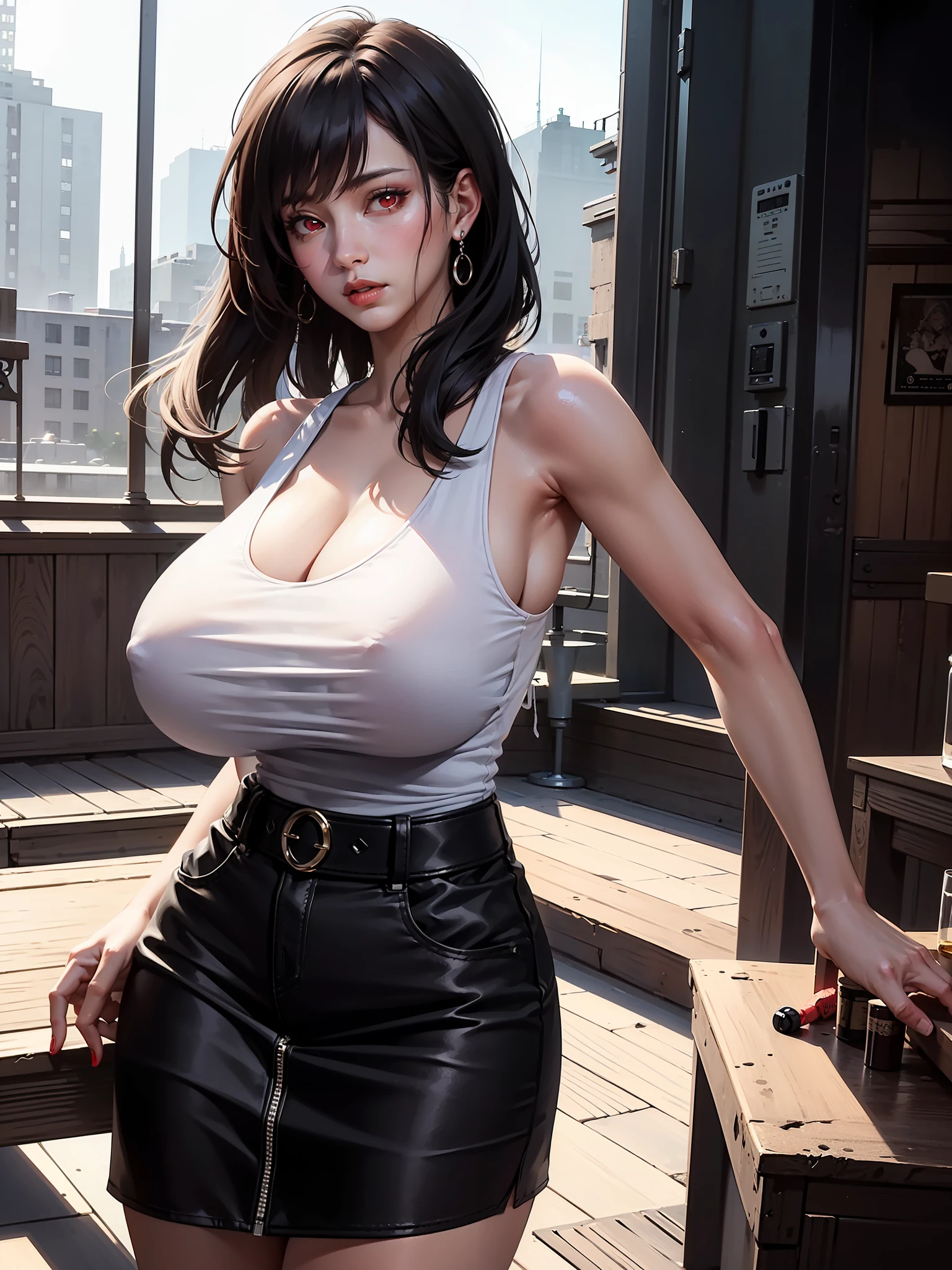 official art, unity 8k wallpaper, ultra detailed, beautiful and aesthetic, masterpiece, best quality, 1girl, extremely detailed, dynamic angle, cowboyshot, elegant, a brutalist designed, vivid colours, romanticism, yoshitaka amano, frank frazetta, atmospheric. Tifa lockhart, long black hair, red eyes, hair bangs, (white tank top:1.5), white top, (black miniskirt:1.4), suspenders, stockings, (????????????:1.5), cleavage,  sunshine,  bokeh background, (red eyes:1.5)one girl, 1 girl, thin waist, wide ????????????? abdomen, toned abs, toned arms, close up, see through clothes, semi transparant clothes