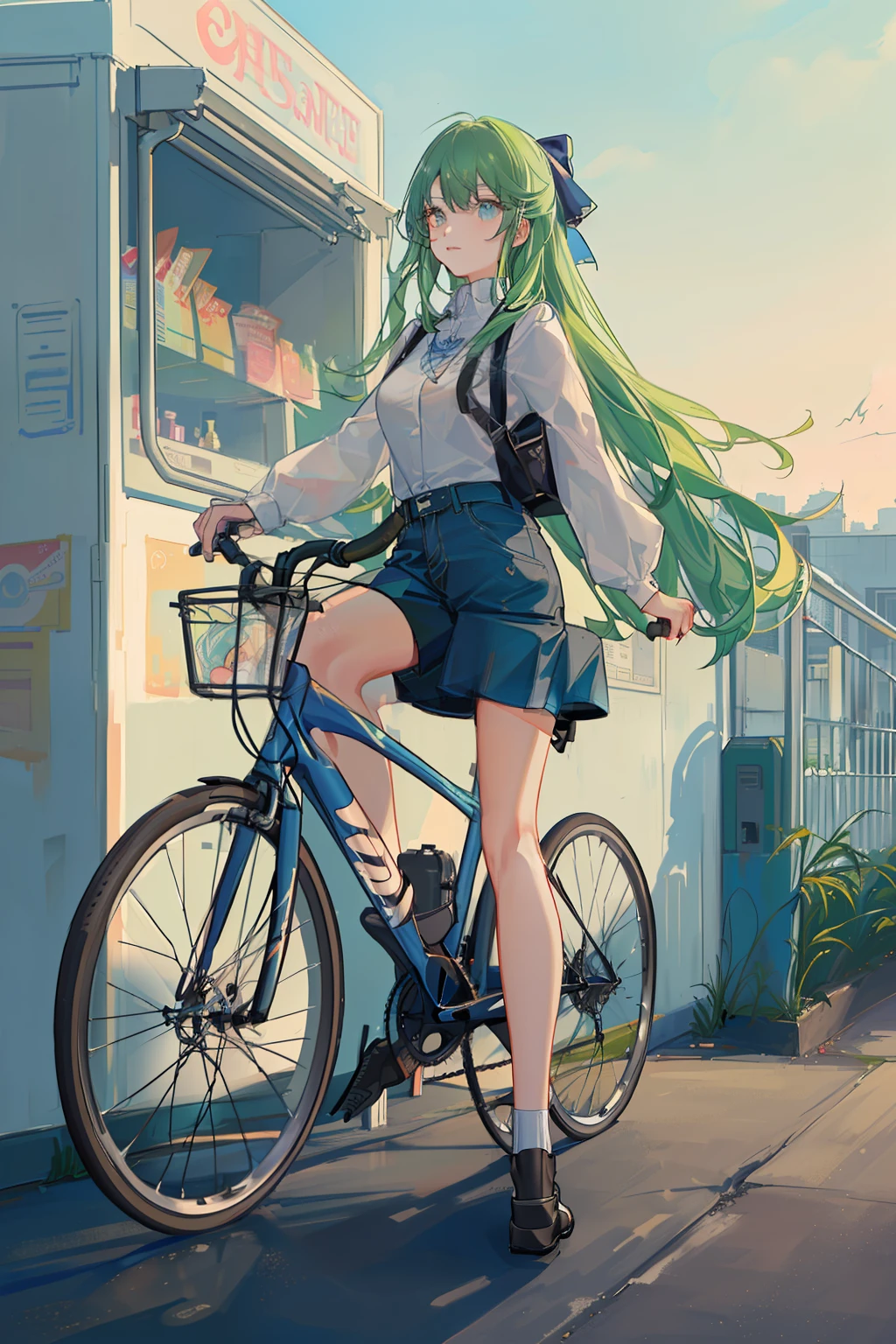 Long-haired beauty riding a bicycle in blue vertical shirt and denim trousers
