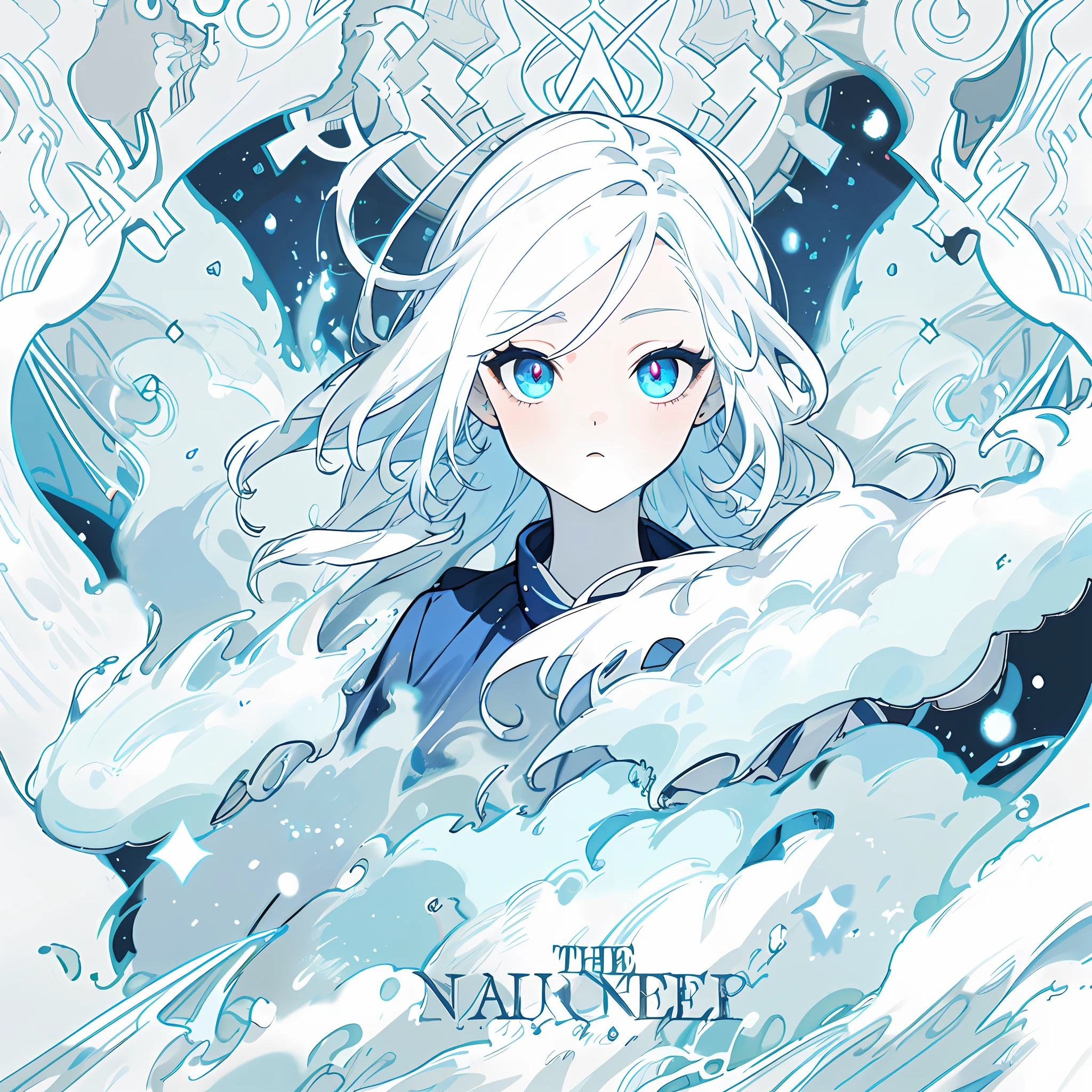 Best quality mode,The picture is fine,Beautiful teenage girl,White is the main color,Blue is the sub-hue,whaite hair,Blue pupil,Blue Tops,Blue moire skirt,Snow-white skin,half-body portrait,Extreme refinement