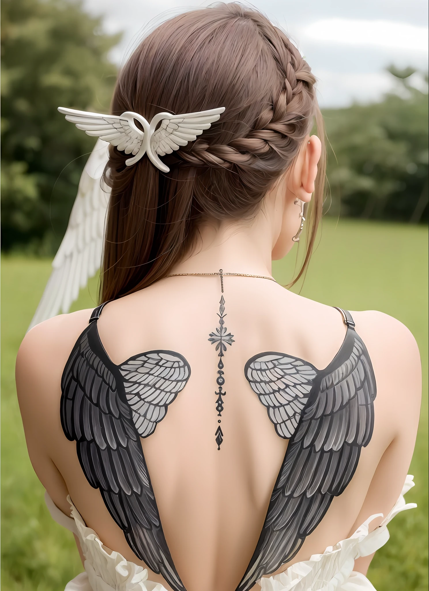 um close up de uma mulher com uma tatuagem nas costas, novo custo, Design Tatuagem para costas, asas de anjo coloridas grande nas costas, Asas angelicais nas costas, asas grandes nas costas, asas nas costas, symmetrical wings on back, massive angel wings, asas detalhadas, beautiful angelic wings, asas de anjo, lindas asas abertas, Asas Angelicais, black wings instead of arms, asas de penas, Asas de Anjo Infinitas