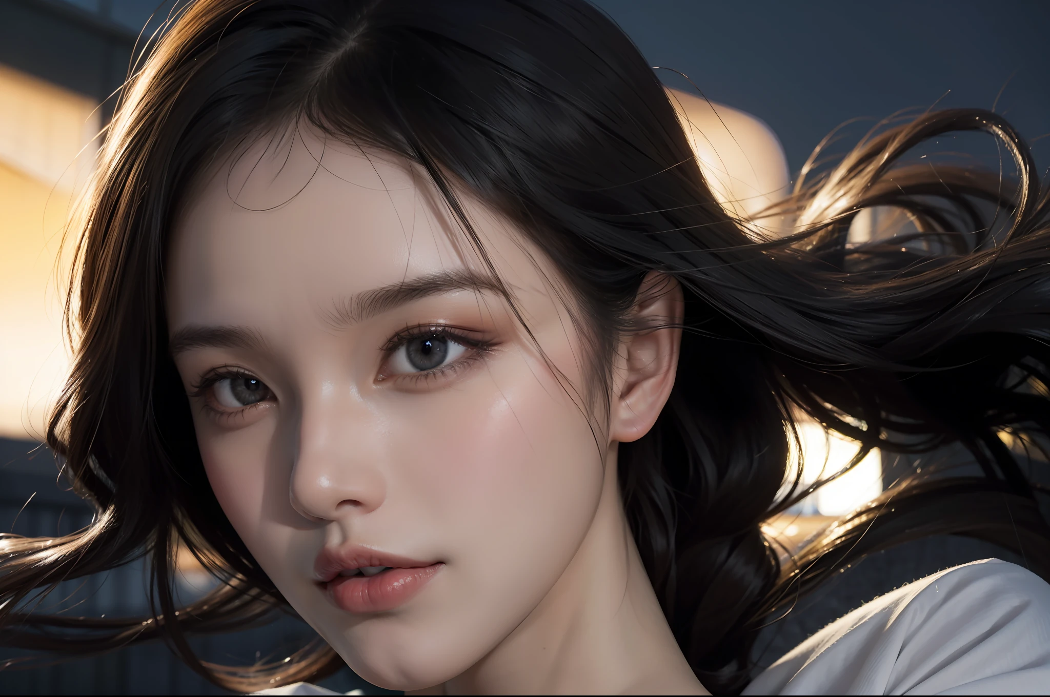 (masterpiece),(best quality),(ultra high res),(realistic detailed eyes),(realistic face details),(film grain:1.3),(Authentic skin texture:1.3),character portrait,(finely detailed),deep shadow,cowboy shot,look on viewer,from front,1girl,solo,beautiful detailed eyes and face,standing on street,lampent,(a busy street),(The summer night),winds,(floating hair:1.2),black hair,white T-shirt,upper body,FilmG,