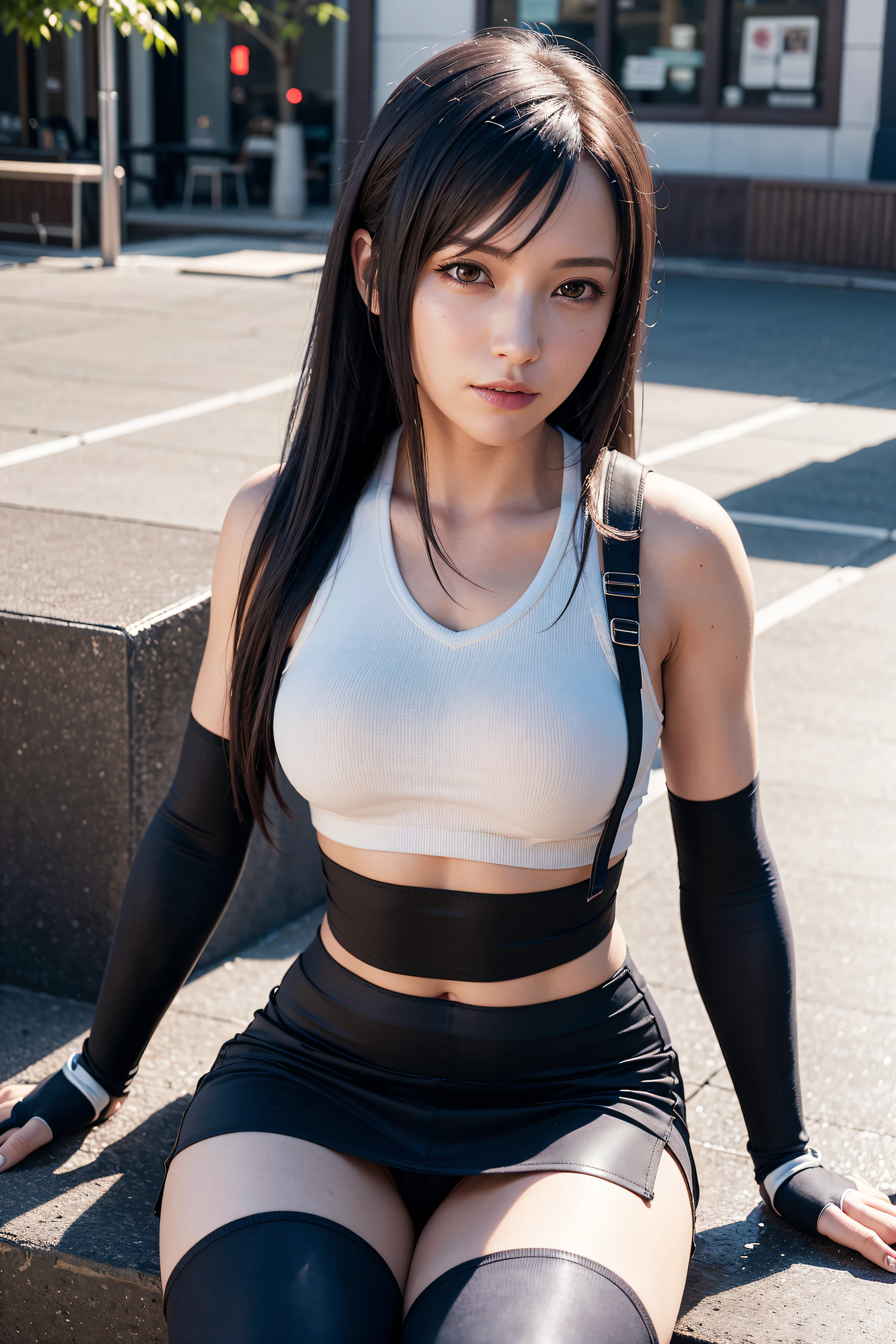 (8k, best quality, masterpiece:1.2), (realistic, photo-realistic:1.37), ultra-detailed,
A detailed portrait of Tifa Lockhart from Final Fantasy VII Remake sitting at a detailed cafe in the cityscape on a date, looking cute and solo with beautiful detailed eyes and a nose blush. She wears a single elbow pad, ankle boots, a black skirt, black thigh-highs, and red boots, along with elbow gloves, elbow pads, and fingerless gloves. Her outfit includes a sports bra, suspender skirt, thigh-highs, and a white tank top. Her full body is visible with her head resting on her hand, showcasing her pretty face, low-tied long hair, and lips. The scene is illuminated with professional lighting, photon mapping, and radiosity, with Tetsuya Nomura Style and a cyber-futuristic feel. The background features yellow flowers and a bokeh effect. Tifa has a small smile and closed mouth.