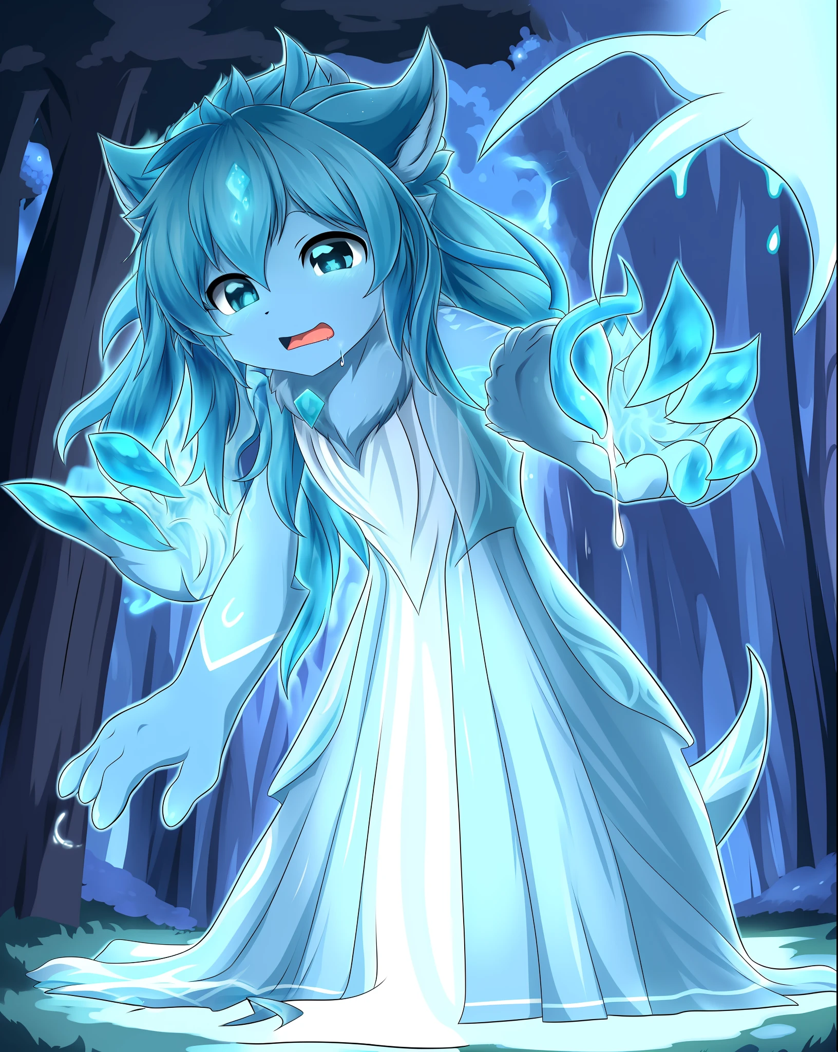 (in dripping art style) Aquamarine, I found the wamasu that … resisted my care. It bit my hand. It's blue! Well, more of a tealish color. Did the druid's magic affect the creature? Or was it some other factor? I think I'll release more of them!, dripping blue lightning, Masterpiece, Best Quality