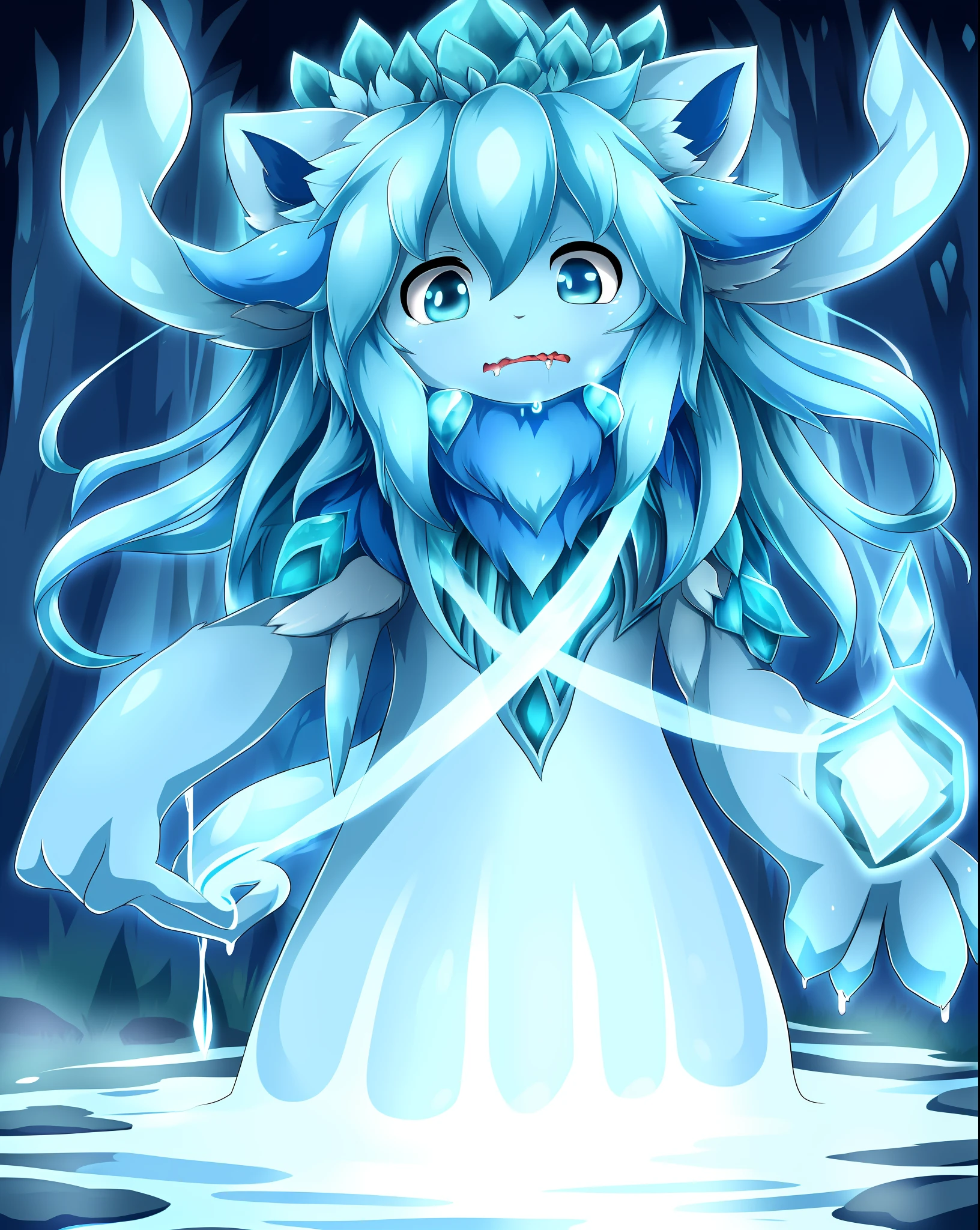 (in dripping art style) Aquamarine, I found the wamasu that … resisted my care. It bit my hand. It's blue! Well, more of a tealish color. Did the druid's magic affect the creature? Or was it some other factor? I think I'll release more of them!, dripping blue lightning, Masterpiece, Best Quality