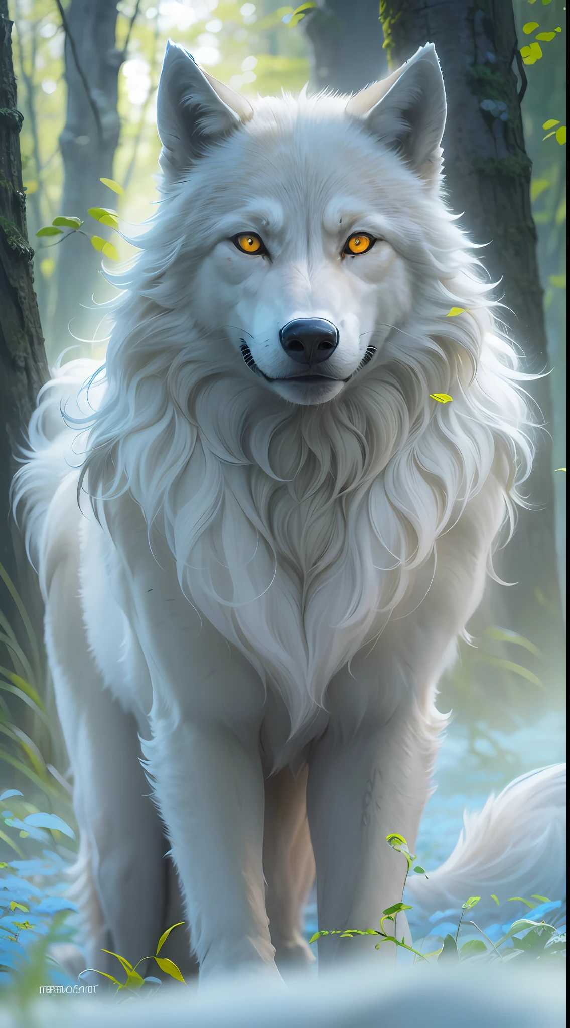 A wolf king，（Solid white：1.3），Yellow glowing eyes，Delicate fur，Finely depicted face，dentes pontiagudos，Nice tail，Realistic forest，Morning sun ，low-contrast，（Medium and near focal length：1.3），best qualityer，Extremely fine，Unlimited details，photograph of-realistic，HighestQuali，tmasterpiece，Premium wallpapers，8k,octaneratingrendering,（Do not appear in human form：1.4） waiting to start