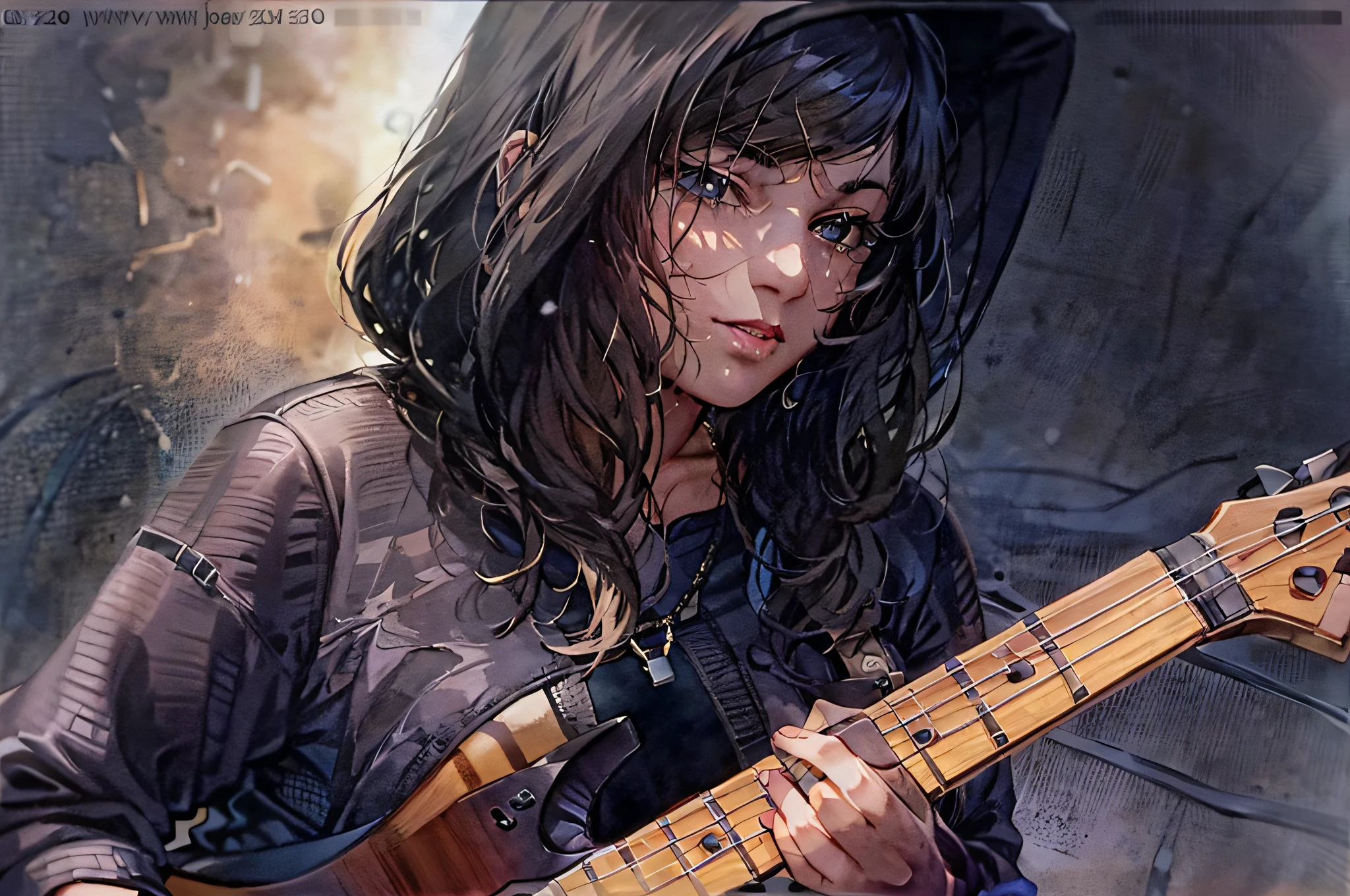 Waterbrush Stroke, watercolor, a beautiful 20 yo brunette woman, playing a telecaster guitar, solaratype1452, wearing a black oversized hoodie and pleated skirt, bangs hairstyle, brown eyes, sublime art, realistic skin texture, high Detail, Sharp focus, best quality, 8k, award winning, dramatic lighting, epic, cinematic, masterpiece, depth of field,