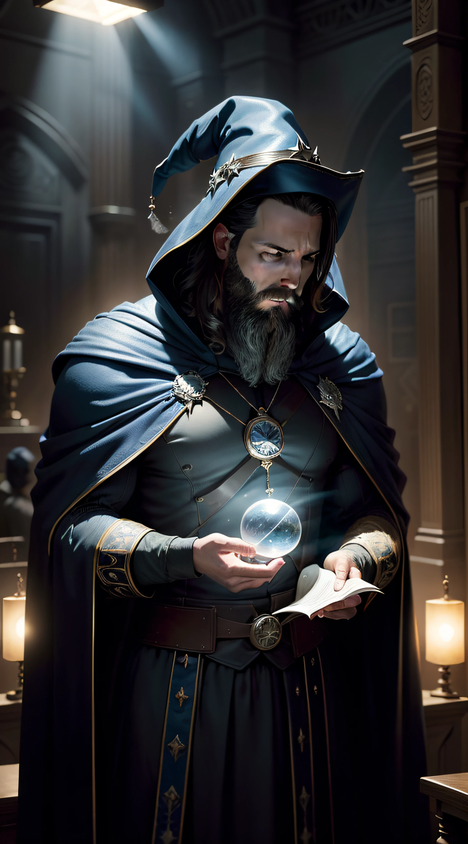 BEN AFFLECK(master part: 1.2), (melhor qualidade), circunstanciado, UHD, Cinematic lighting, foco nítido, (illustration: 1.1), intrincado,BEN AFFLECK como um velho bruxo com longos cabelos brancos e barba, wearing a wizard's cloak and hat, Ponderando sobre um orbe brilhante, em uma sala mal iluminada, Magician's Room, luzes brilhantes, luzes intermitentes, --auto
