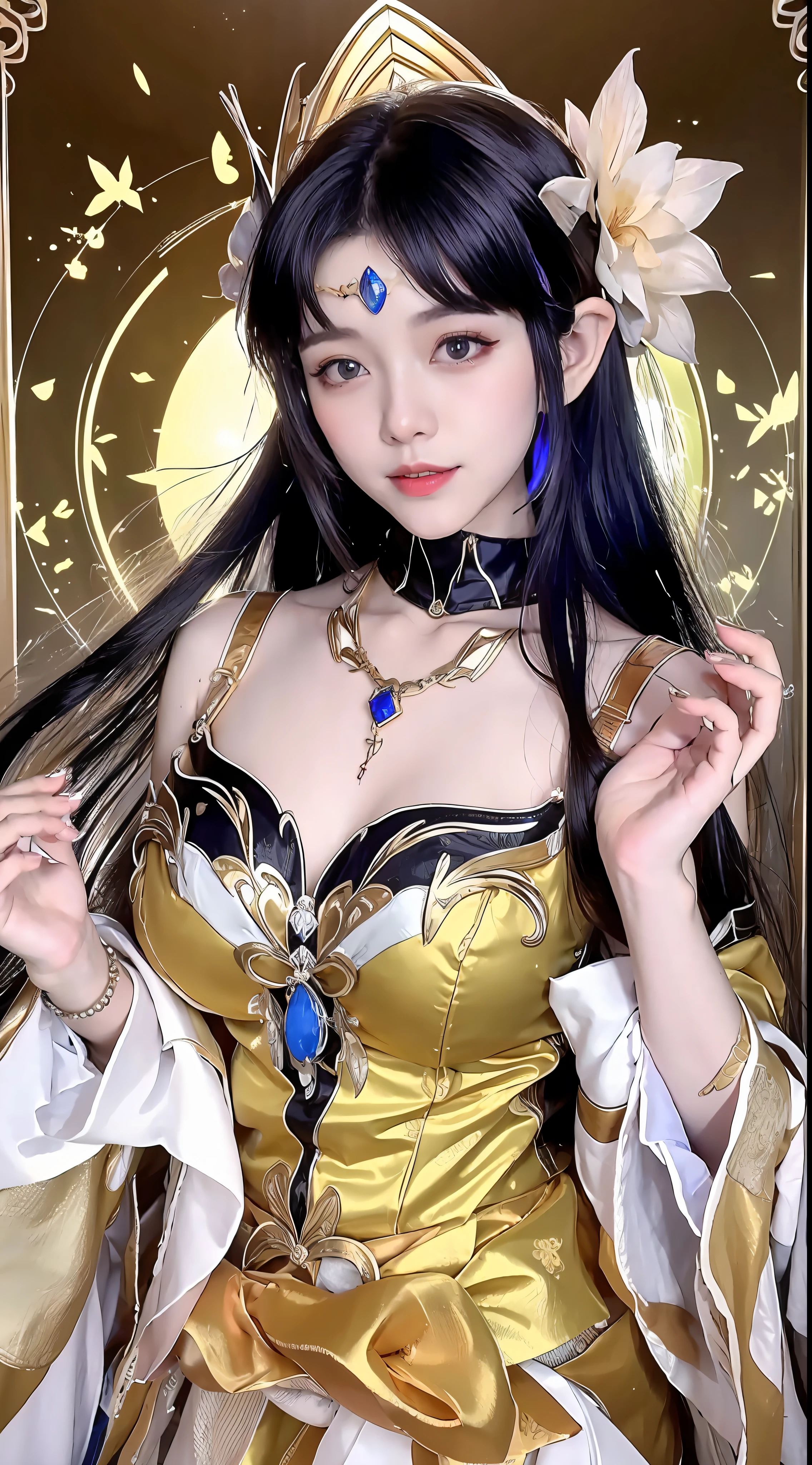 Fantastic beautiful background,There is a strong sense of layering,Sable Cicada in Glory of Kings is a beautiful and enchanting character,Her physical features are as follows: long whitr hair:The hair of mink cicadas is usually long black or dark red hair,The shawl goes down,Sometimes combed into different hairstyles,It is common to have double ponytails tied up on the sides or scattered on the shoulders。 The eye:She has big, bright eyes,It is usually a flexible semi-curved shape,The eyes appear a deep black or brown color。 eyebrows very:The eyebrows of the mink cicada are slender and elegant,You may wear some delicate eyebrow makeup,Makes the entire face more three-dimensional and refined。 Face:Her face shape is usually slender and soft oval in shape,with fair and smooth skin,Exquisite makeup。Her facial features are evenly distributed,The forehead is broad,The nose is straight,Plump lip shape。 garments:Sable cicadas like to wear fancy costumes,Clothes inspired by ancient Chinese court costumes are often chosen。Common clothing features include robes、Belt and intricate embroidery。Color aspect,She often wears red、Purple or gold clothing,to show her dignity and enchantment。 trinkets:The mink cicada usually wears some ornate ornaments to add to her style,Such as headdresses、耳Nipple Ring、Necklaces and bracelets, etc。These jewelry are usually made of metal,and set with precious stones or pearls,Make her more radiant。 Overall,The physical features of the mink cicada show her gorgeousness and mystery,By depicting these characteristics in detail,Long legs and bare breasts