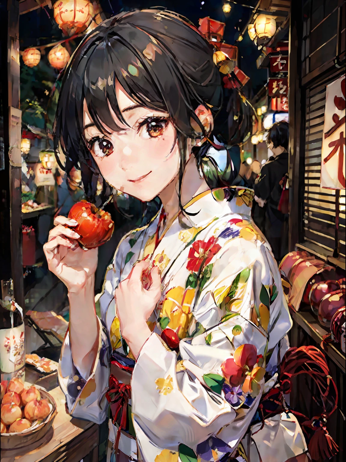 Shy face, holding apple candy, stall, date, yukata, festival, (fireworks: 1.5), geta, looking at the viewer, shrine, smiling,