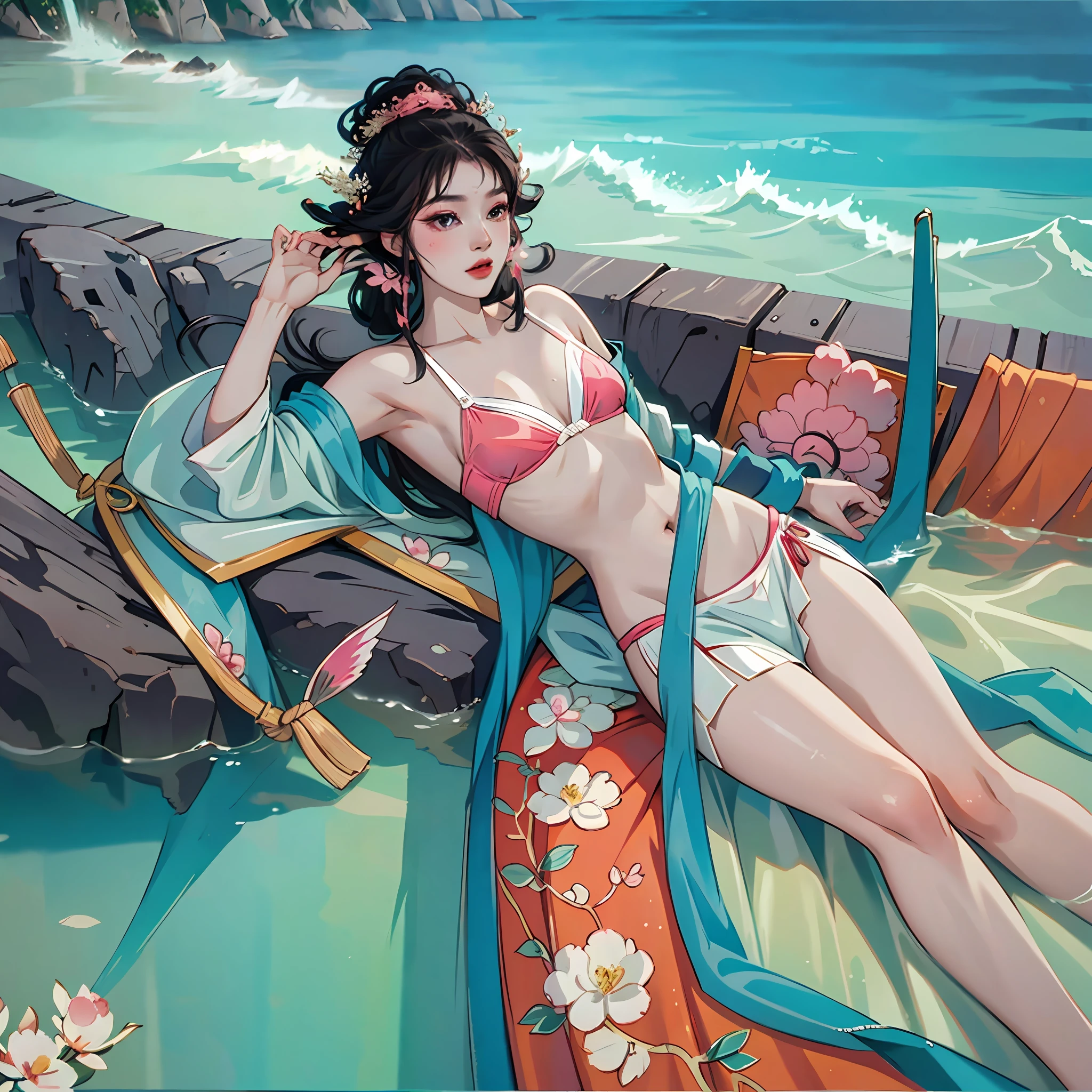 (8K quality, Douluo Continent, ,Ning Rongrong, Play in the water by the sea, Pink the bikini, Transparent water, Morning sun, A gentle breeze) --auto