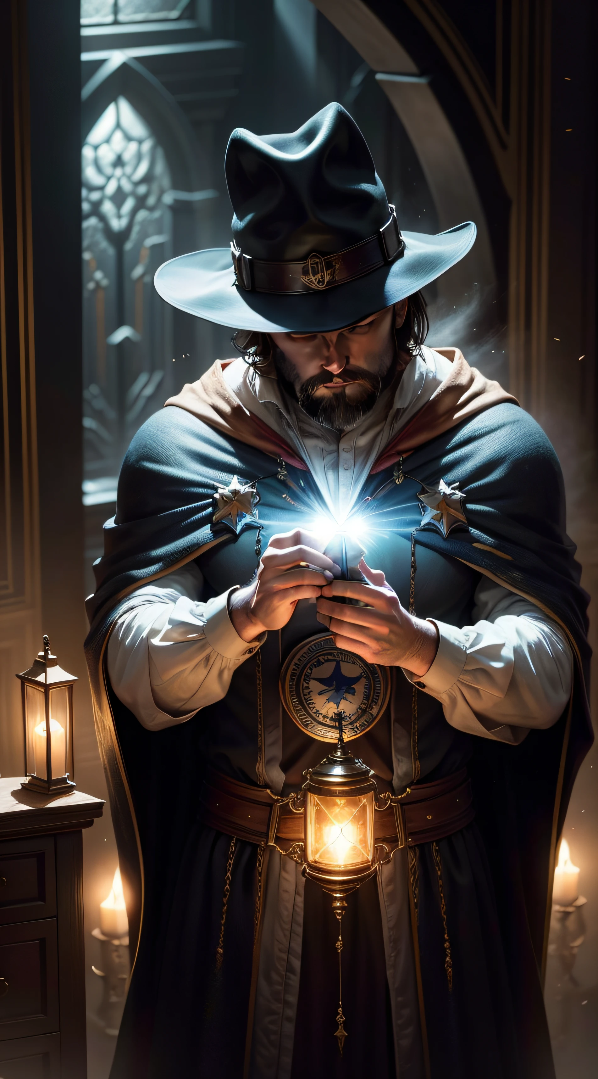 BEN AFFLECK(master part: 1.2), (melhor qualidade), circunstanciado, UHD, Cinematic lighting, foco nítido, (illustration: 1.1), intrincado,BEN AFFLECK como um velho bruxo com longos cabelos brancos e barba, wearing a wizard's cloak and hat, Ponderando sobre um orbe brilhante, em uma sala mal iluminada, Magician's Room, luzes brilhantes, luzes intermitentes, --auto