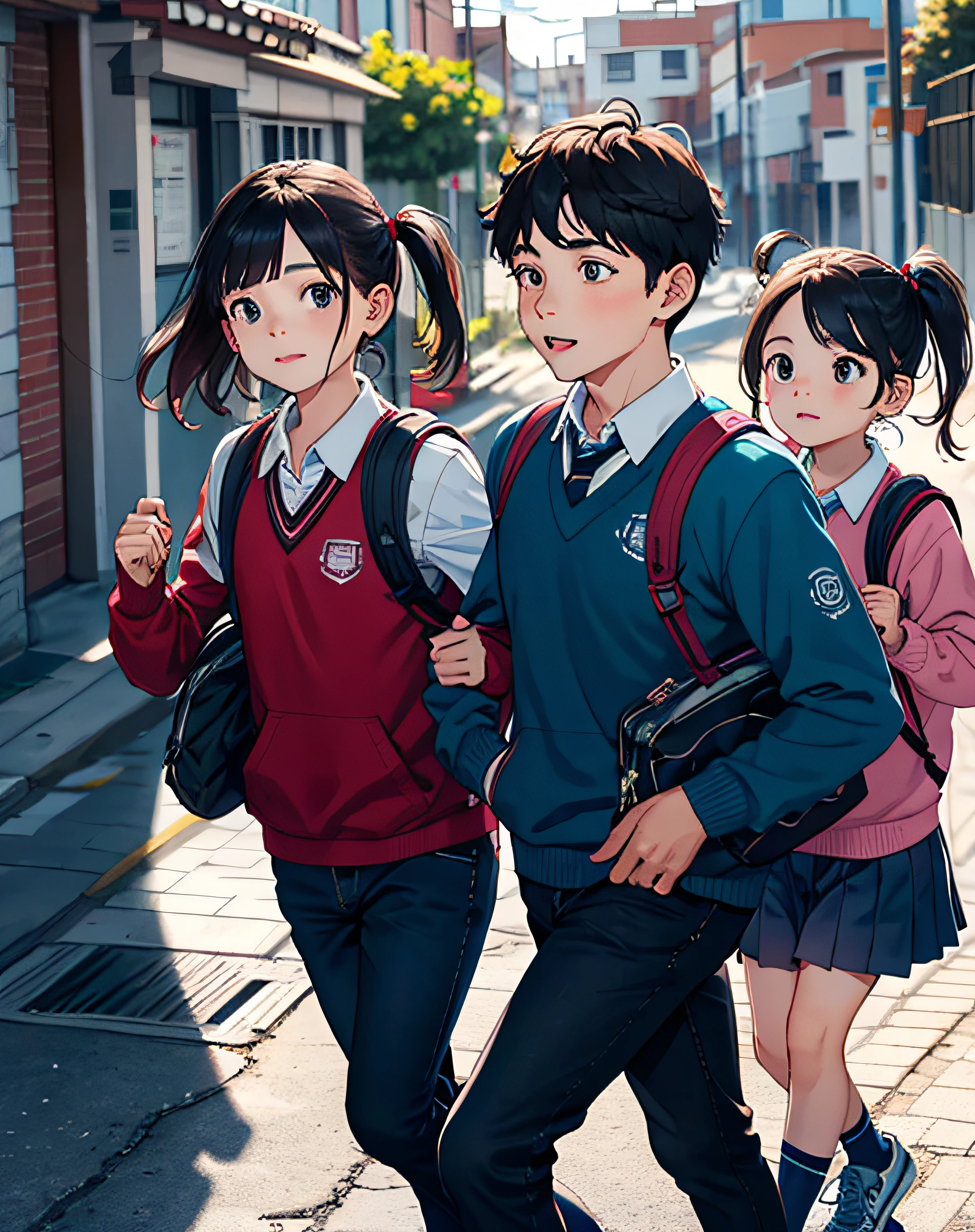en vista frontal Familia que sale de la escuela feliz y contenta ((con sus mochilas y cuadernos)) en segundo plano otros alumnos salen corriendo por la frentera del colegio