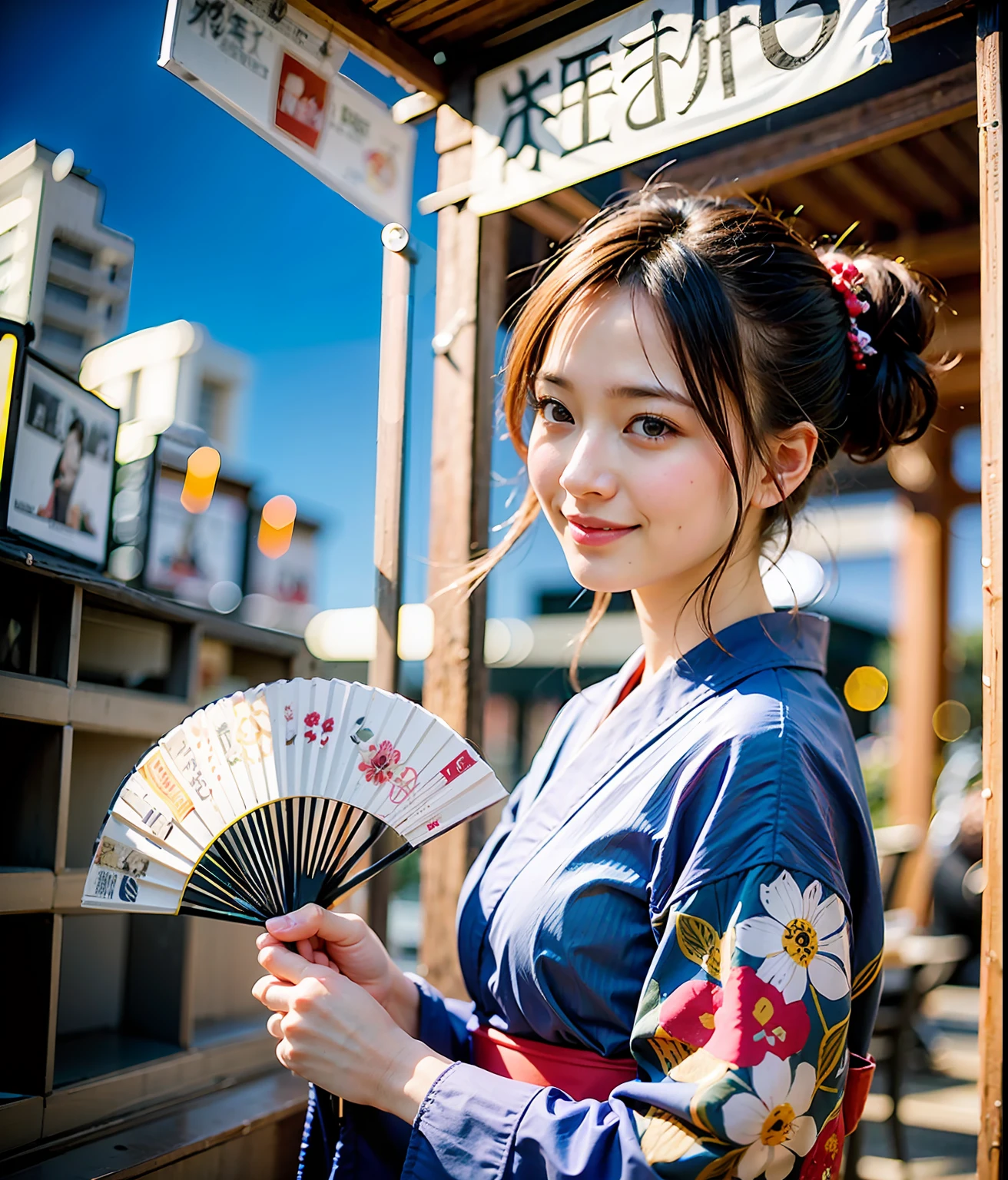 japanse、Festival of Japan、Japan festival、food stand、Wearing a colorful yukata、The head is neatly tied、hair adornments、Happy face、Photorealsitic、depth of fields、女の子1人、The girl is backlit、Clouds in the sky、Cloudy weather、Holding a fan in his hand、