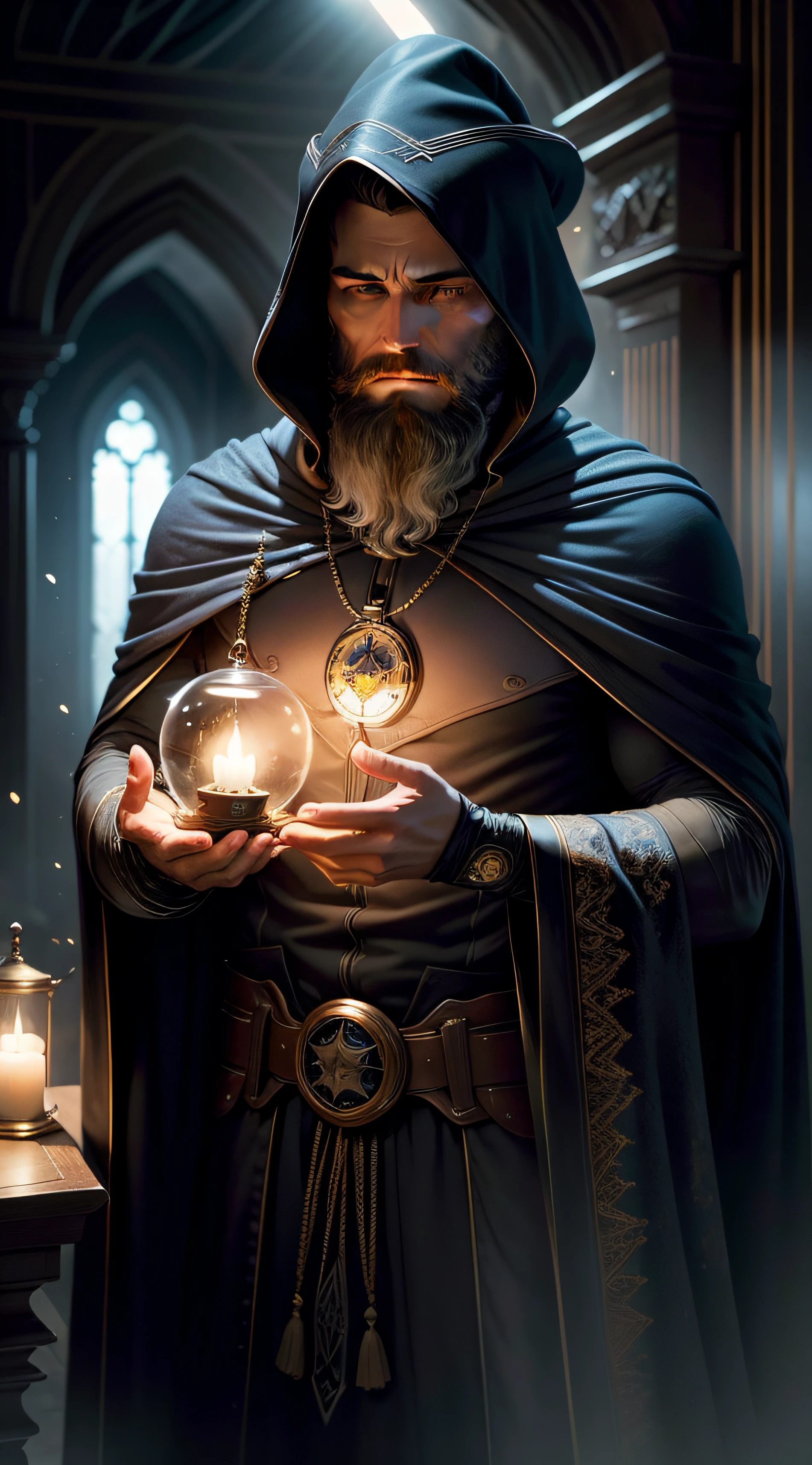 BEN AFFLECK(master part: 1.2), (melhor qualidade), circunstanciado, UHD, Cinematic lighting, foco nítido, (illustration: 1.1), intrincado,BEN AFFLECK como um velho bruxo com longos cabelos brancos e barba, wearing a wizard's cloak and hat, Ponderando sobre um orbe brilhante, em uma sala mal iluminada, Magician's Room, luzes brilhantes, luzes intermitentes, --auto