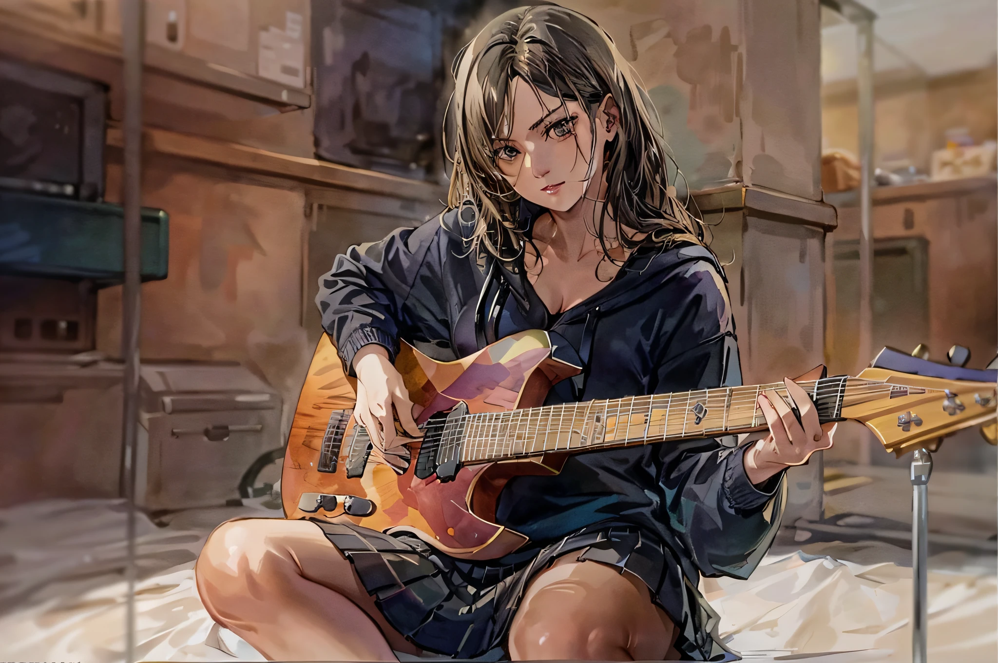 Waterbrush Stroke, watercolor, Beautiful 20 year old brunette woman, Telecaster guitar playing, Solaratype1452, Wearing a black oversized hoodie and pleated skirt, Hairstyles with bangs, Brown eyes, Sublime art, Realistic Skin Textures, High Detail, Sharp focus, Best Quality, 8K, Award-Standing, with dramatic lighting, Epic, films, Masterpiece, Depth of field,