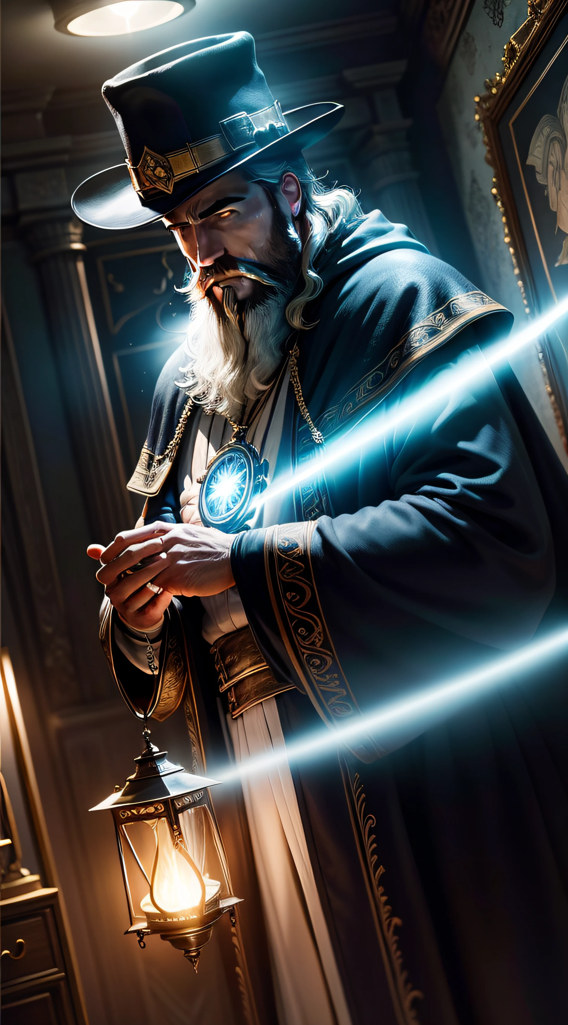 BEN AFFLECK(master part: 1.2), (melhor qualidade), circunstanciado, UHD, Cinematic lighting, foco nítido, (illustration: 1.1), intrincado,BEN AFFLECK como um velho bruxo com longos cabelos brancos e barba, wearing a wizard's cloak and hat, Ponderando sobre um orbe brilhante, em uma sala mal iluminada, Magician's Room, luzes brilhantes, luzes intermitentes, --auto