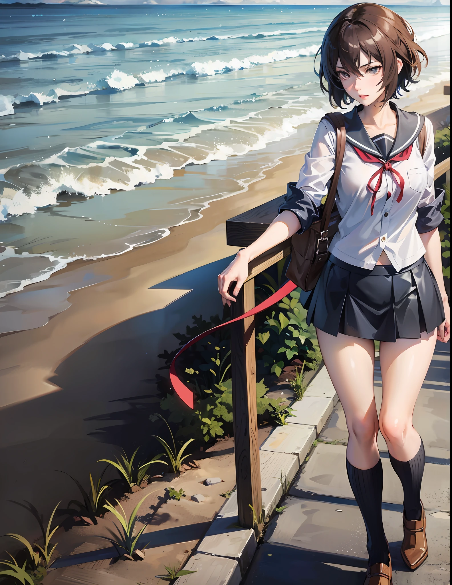 Anime girl in short skirt and white shirt posing on the beach, Wearing a red ribbon, 
 a hyperrealistic schoolgirl, Smooth Anime CG Art, beautiful anime high school girl, a hyperrealistic schoolgirl, By Shinkai Makoto, [ 4 k digital art ], By Shinkai Makoto. a digital rendering, Kantai Collection Style, Seductive Anime Girl