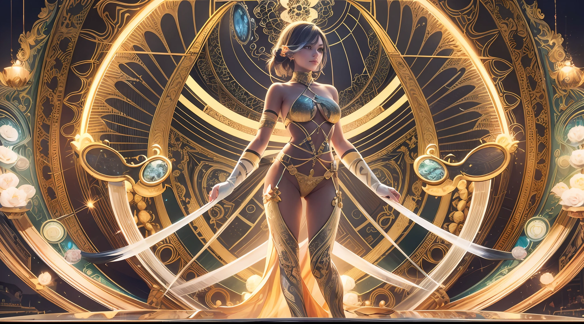 a girl on the beach, Goddess of Dance、Sensual dance on a circular stage、A smile、A magic circle appeared overhead and at your feet.、 hyper detailed painting, luminism, 4K resolution, fractal isometrics details bioluminescence , Intricately detailed , Cinematic,Isometric-centric surreal , Cinematic, Abstract beauty, Approaching perfection, Pure form, Golden ratio, minimalistic, Concept art, Intricate details, High resolution, hyperdetails, Highly detailed