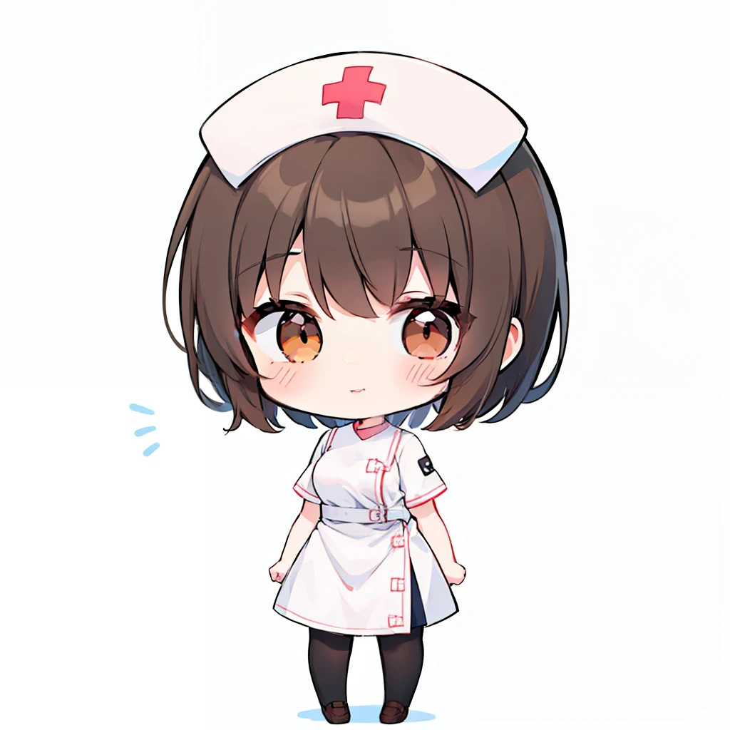 (a very cute and beautiful chibi anime girl), best quality, ultra detailed, 1girl, solo, standing, brown hair, short hair, brown eyes, bangs, medium breasts, ((is wearing white nurse uniform)), stare, white loafer, wink, looking at viewer, simple flat background