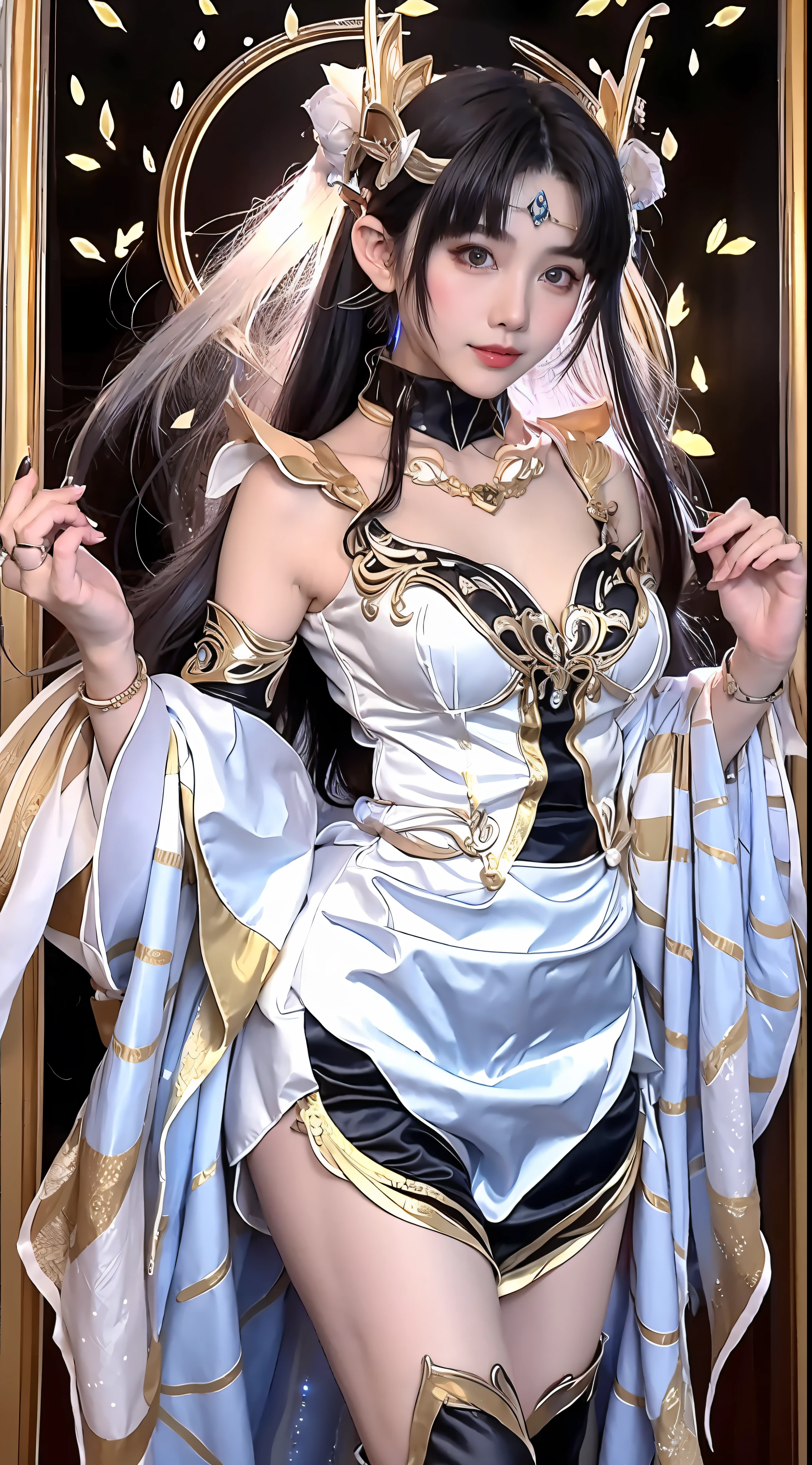 Fantastic beautiful background,There is a strong sense of layering,Sable Cicada in Glory of Kings is a beautiful and enchanting character,Her physical features are as follows: long whitr hair:The hair of mink cicadas is usually long black or dark red hair,The shawl goes down,Sometimes combed into different hairstyles,It is common to have double ponytails tied up on the sides or scattered on the shoulders。 The eye:She has big, bright eyes,It is usually a flexible semi-curved shape,The eyes appear a deep black or brown color。 eyebrows very:The eyebrows of the mink cicada are slender and elegant,You may wear some delicate eyebrow makeup,Makes the entire face more three-dimensional and refined。 Face:Her face shape is usually slender and soft oval in shape,with fair and smooth skin,Exquisite makeup。Her facial features are evenly distributed,The forehead is broad,The nose is straight,Plump lip shape。 garments:Sable cicadas like to wear fancy costumes,Clothes inspired by ancient Chinese court costumes are often chosen。Common clothing features include robes、Belt and intricate embroidery。Color aspect,She often wears red、Purple or gold clothing,to show her dignity and enchantment。 trinkets:The mink cicada usually wears some ornate ornaments to add to her style,Such as headdresses、耳Nipple Ring、Necklaces and bracelets, etc。These jewelry are usually made of metal,and set with precious stones or pearls,Make her more radiant。 Overall,The physical features of the mink cicada show her gorgeousness and mystery,By depicting these characteristics in detail,Long legs and bare breasts