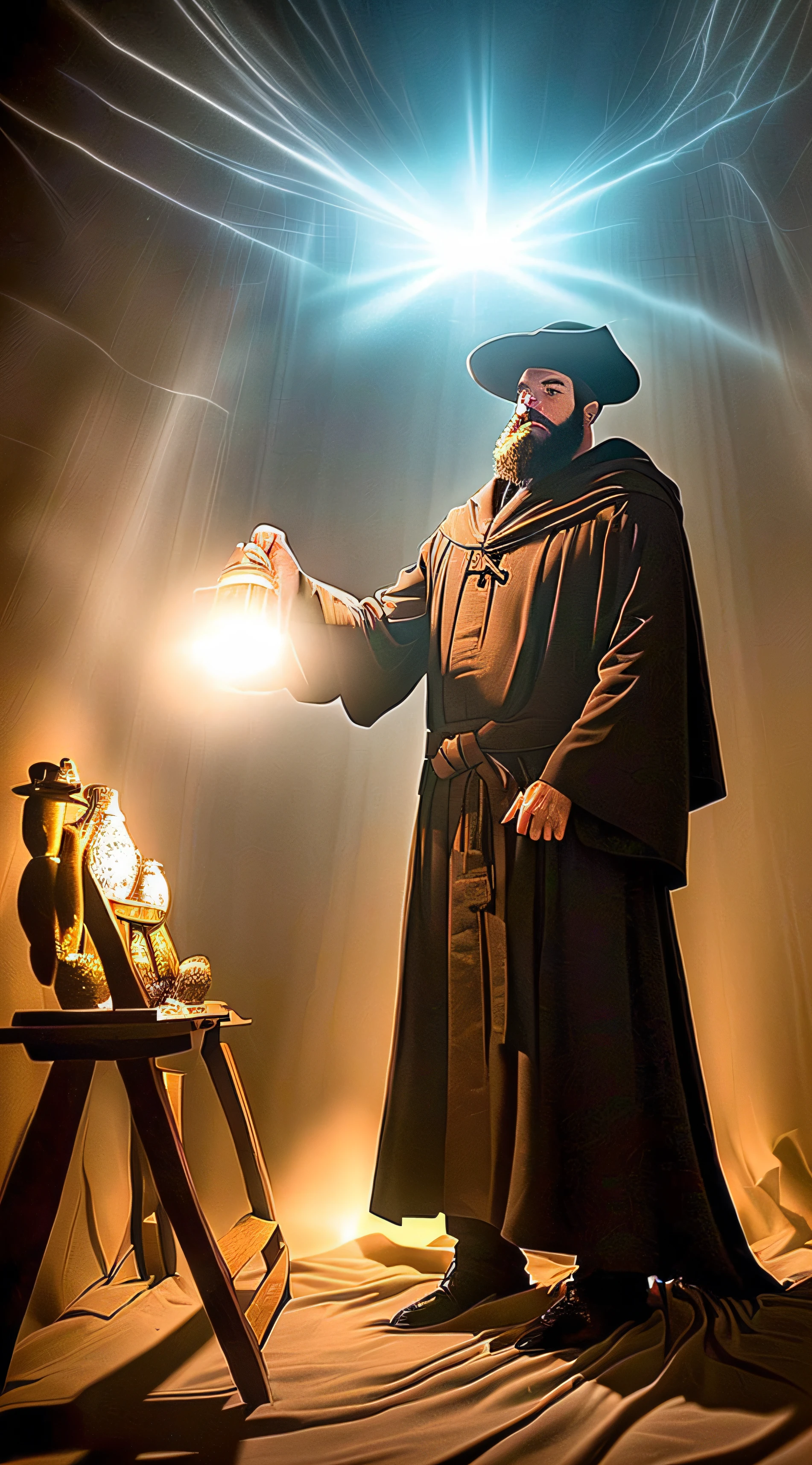 BEN AFFLECK(master part: 1.2), (melhor qualidade), circunstanciado, UHD, Cinematic lighting, foco nítido, (illustration: 1.1), intrincado,BEN AFFLECK como um velho bruxo com longos cabelos brancos e barba, wearing a wizard's cloak and hat, Ponderando sobre um orbe brilhante, em uma sala mal iluminada, Magician's Room, luzes brilhantes, luzes intermitentes, --auto