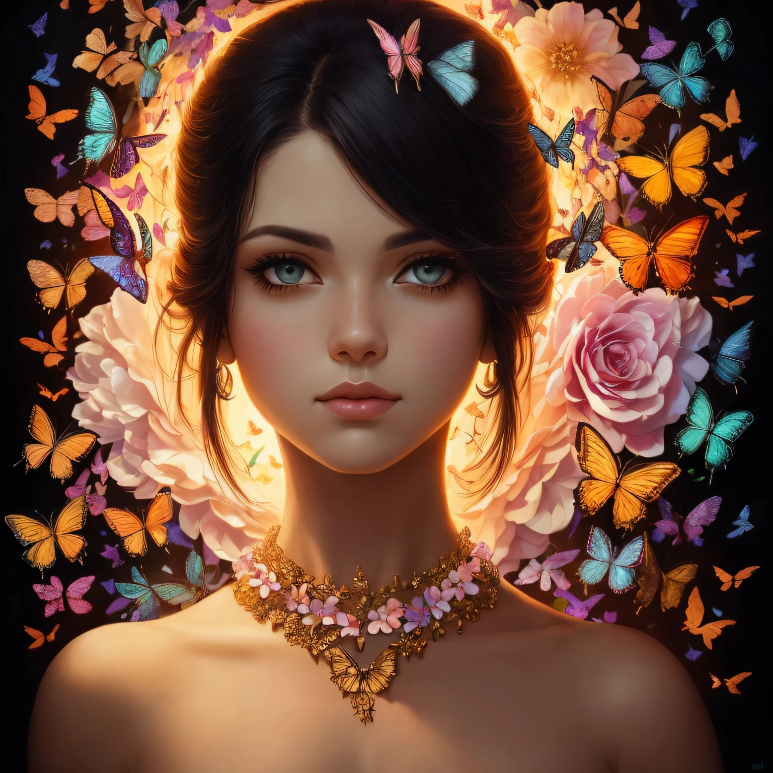 (retrato de beleza chamuscado+Single woman made of butterflies and flower petals:1.2+iluminado+compassivo+Empathetic+confiante) em estilo Artgerm:1.2 e Pedro Mohrbacher:1.1 --auto