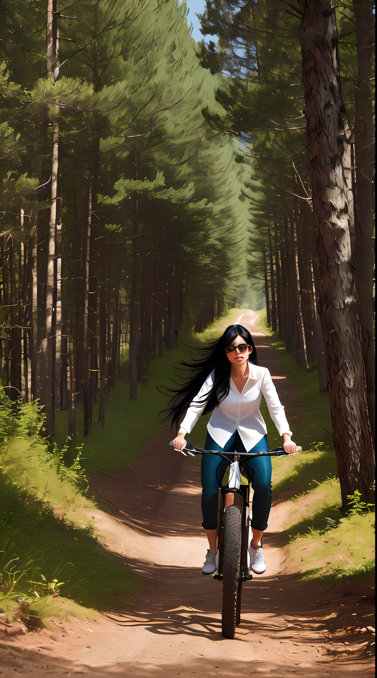 Girl with long black hair，In a white blouse shirt，long blue jeans pants，White sneakers，Ride on a mountain bike，Turn your head sideways