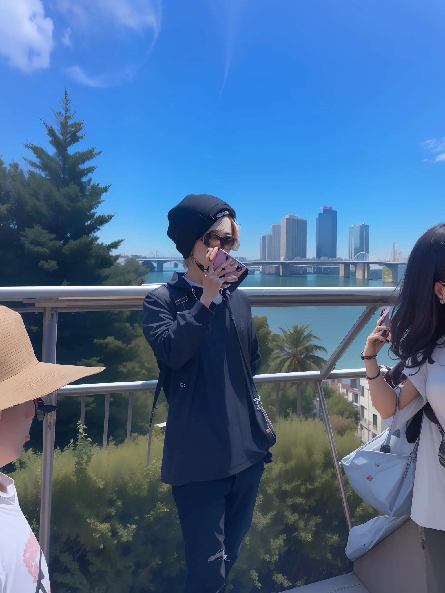 there is a woman standing on a balcony talking on a cell phone, smooth in _ the background, 2 0 2 2 photo, pewdiepie selfie at a bridge, tourists in background, park jimin, 2022, 2 0 2 2, 🕹️ 😎 🚬, an artistic pose, photo taken in 2 0 2 0, 🤬 🤮 💕 🎀