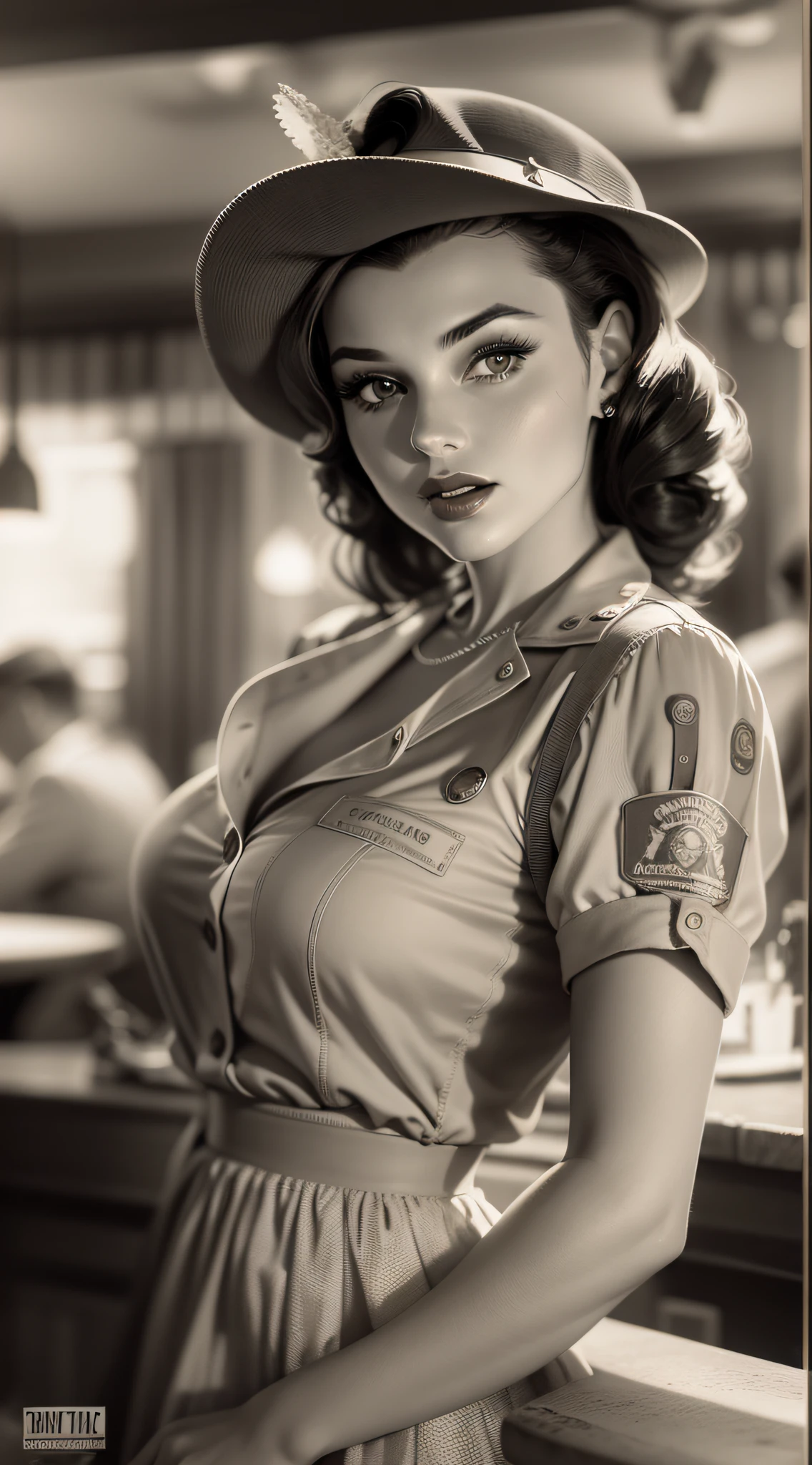 Uma imagem de uma impressionante garota pin-up dos tempos de guerra, Dressed in a retro-inspired outfit, posing gracefully in a nostalgic 1940s bar. Black and white image adds a vintage touch to the scene, capturing the essence of iconic pin-up art and vintage aesthetics of the time.
