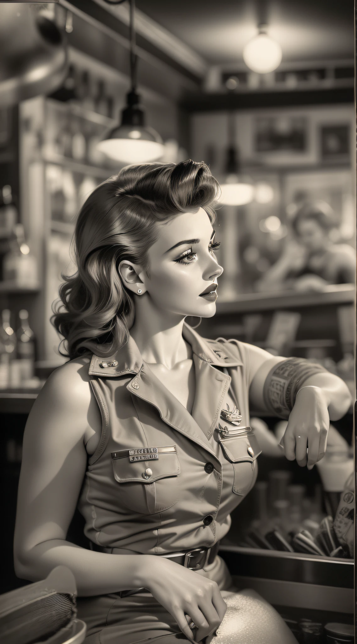 Uma imagem de uma impressionante garota pin-up dos tempos de guerra, Dressed in a retro-inspired outfit, posing gracefully in a nostalgic 1940s bar. Black and white image adds a vintage touch to the scene, capturing the essence of iconic pin-up art and vintage aesthetics of the time.