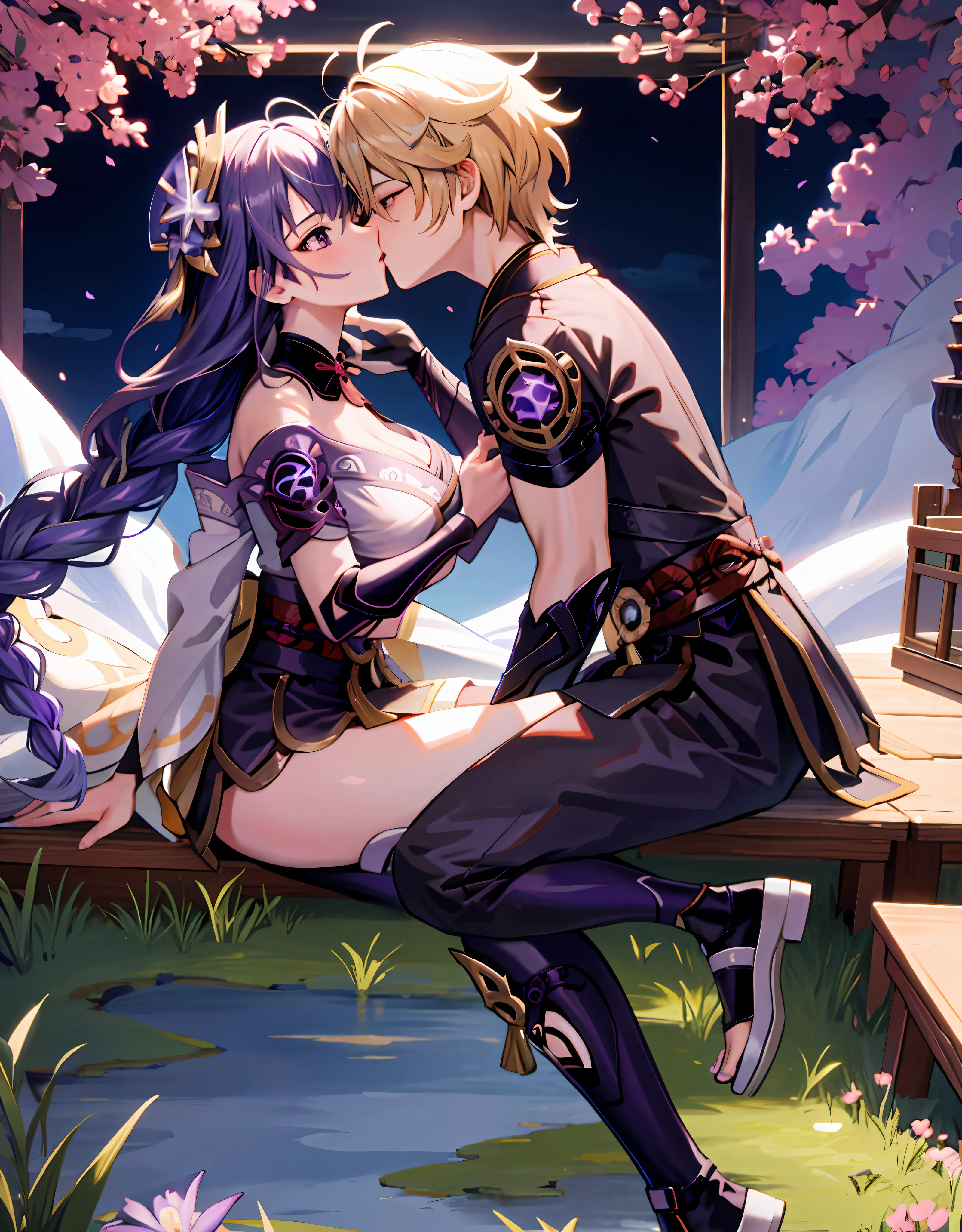 anime couple, aether and raiden shogun kissing, soft kiss, 1boy 1girl, cute, loving, peck, detailed faces, detailed hair, masterpiece, best quality, aether yellow hair\(genshin impact\), {{{masterpiece, electricity:1.4, pixiv fantasia}}},pov, raiden shogun, long hair, large hair, purple hair, multicolored hair, kimono, hair ornament, hair flower, purple eyes, parted lips, expressionless, looking at viewer, dynamic pose, large breasts