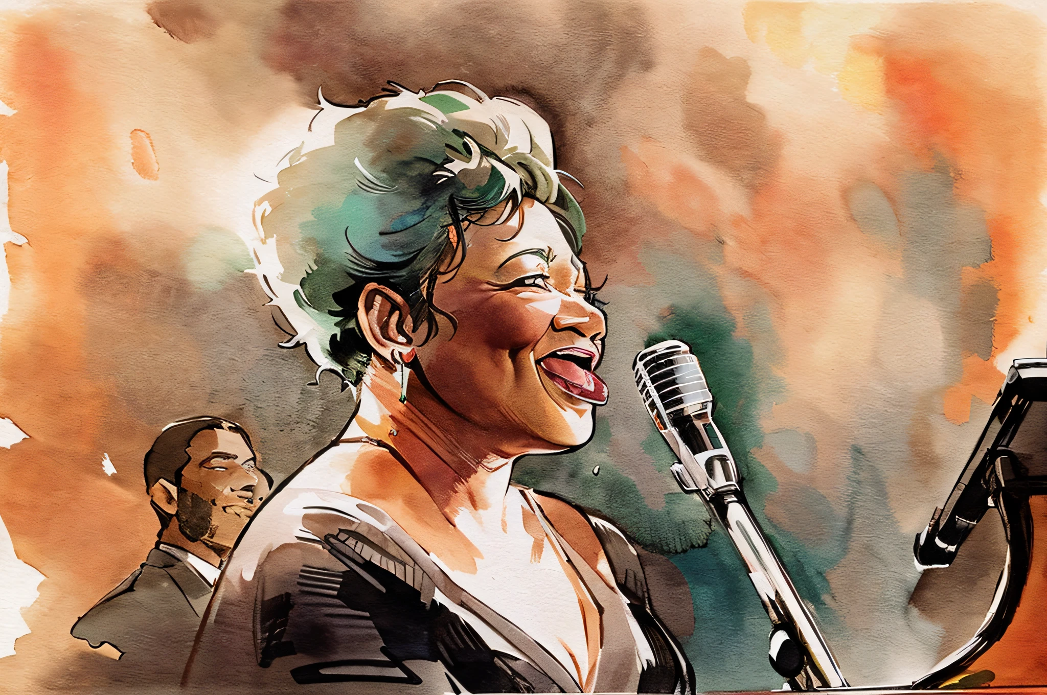 Ella Fitzgerald singing in jazz club with her Jazz trio, SCG768-illustrate, Waterbrush Stroke, watercolor,