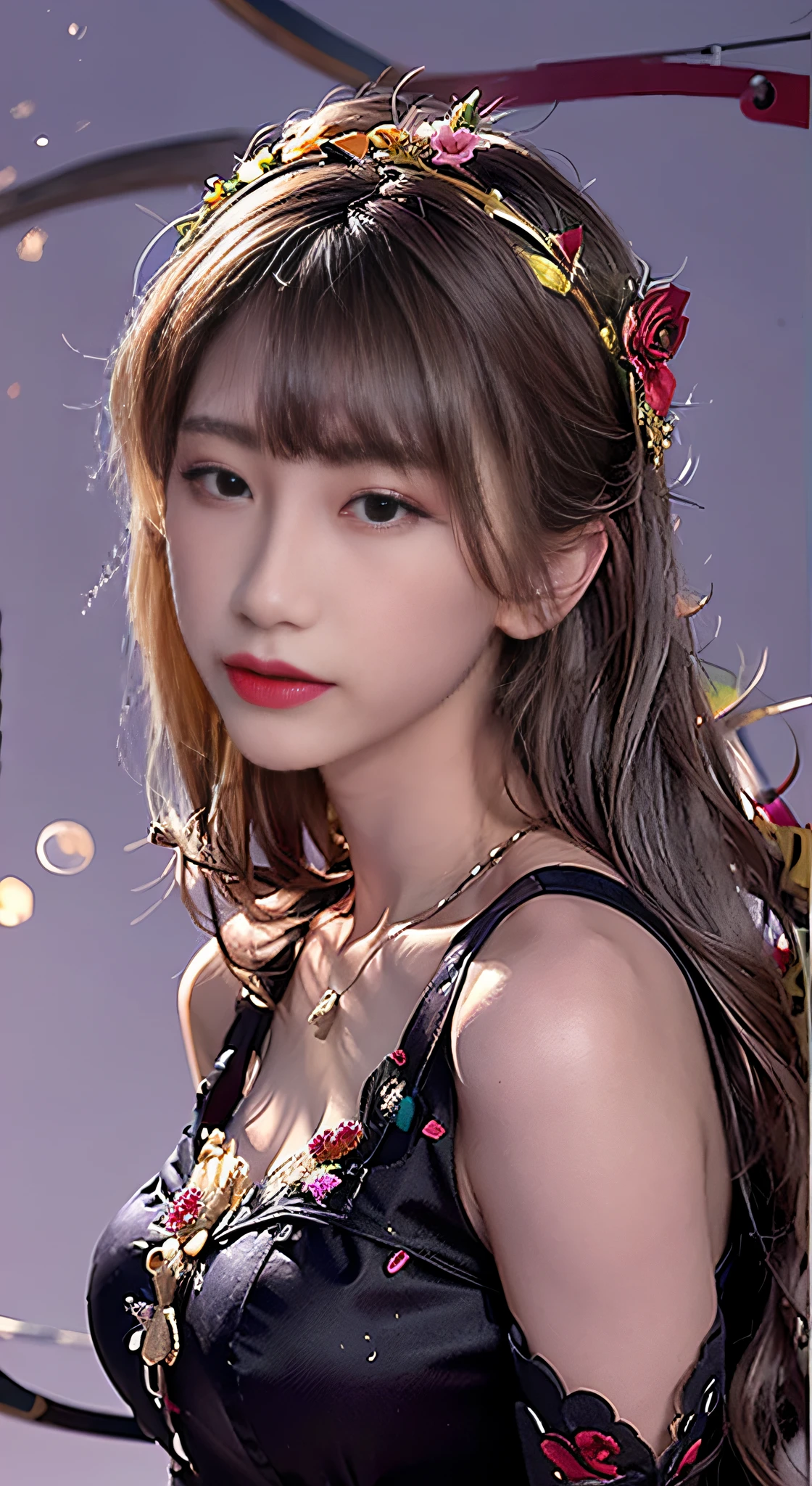 there is a woman with a flower crown on her head, Guviz-style artwork, realistic art style, realism art style, Kawaii realistic portrait, Realistic. Cheng Yi, 🤤 girl portrait, Beautiful digital illustration, a beautiful anime portrait, by Yang J, Photorealistic!!!!!!! Art style, Realistic anime 3 D style, high detal), cute portrait