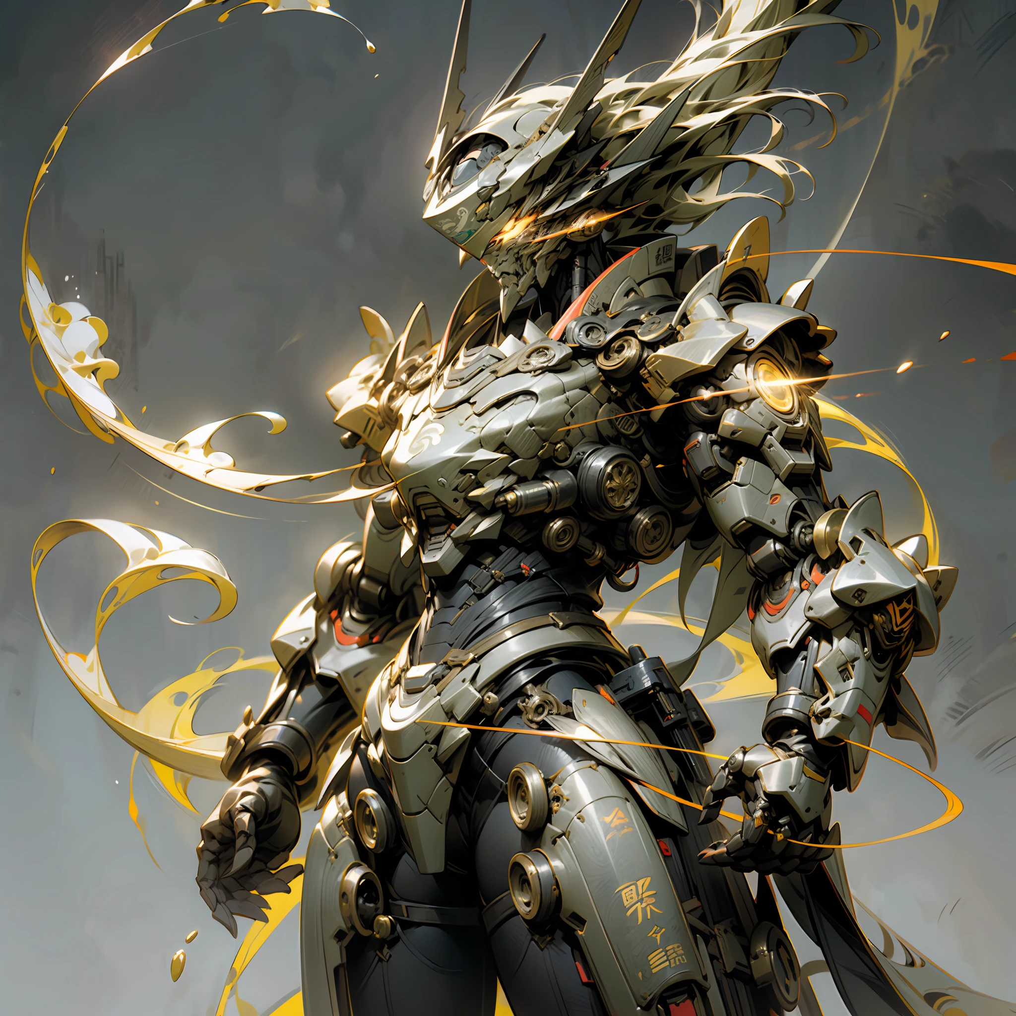 Silvertone，Purple and gold are the main colors，Tall mech，Amber gradient，Use the plasma sword，There is a dragon particle effect，taichi，Chinese Yin and Yang Bagua Five Elements，China-style，Machine armour wind，mechanical sense，sense of strength，Sense of space，combats，cyber punk perssonage，Human body modification，The prominent structure is reasonable，Battle instant，high-quality face，4K，High quality，Masterpieces，of a real，drak，chinesedragon，afterimage，rich colours，China-style，Don Dao，Exocet suit，Brocade Yiwei，obsidian，General flame，A small amount of water flow，Light，Highest quality，Chinese mythology，the Tang Dynasty，Li bai，There is very little hair，The background is ancient Chinese science fiction architecture，The body is well structured，Conforms to the ???????，Ray traching,NVIDIA RTX,Hyper-Resolution,Unreal 5,Subsurface scattering、PBR Texture、post-proces、Anisotropy Filtering、depth of fields、maximum definition and sharpness、Many-Layer Textures、Albedo e mapas Speculares、Surface coloring、Accurate simulation of light-material interactions、perfectly proportions、rendering by octane、Two-colored light、largeaperture、Low ISO、White balance、the rule of thirds、8K raw data，mechanical sense，Mecha Alpha Warrior