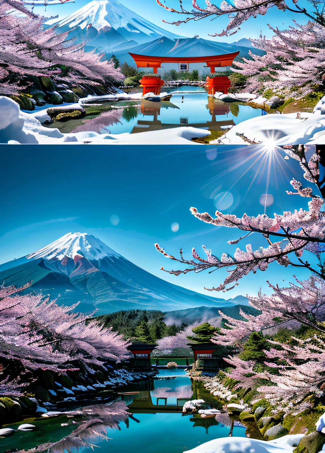 RAW photo of a Red Mt.fuji, ((solo)), (Fushimi Inari Taisha's Thousand Torii Gates in Kyoto), small details, (photorealistic:1.4), ultra-realistic photo, 8k uhd, dslr, high quality, film grain, Fujifilm XT3, (masterpiece), official art, RAW photo of a landscape, insanely detailed, hyper realistic, (photorealistic:1.4), ultra-realistic photo, 8k uhd, dslr, high quality, film grain, Fujifilm XT3, (masterpiece), Mt.fuji, (solo:1.5), (sun atop the summit:1.1), (snow-capped mountain:1.4), lush green mountain slope, clouds billowing over the mountain slopes, (a lot of cherry blossom:1.4), deep forests, several lakes, (mist drifting over the lake:1.2), midday, milky way, twinkling stars, Deep Focus,