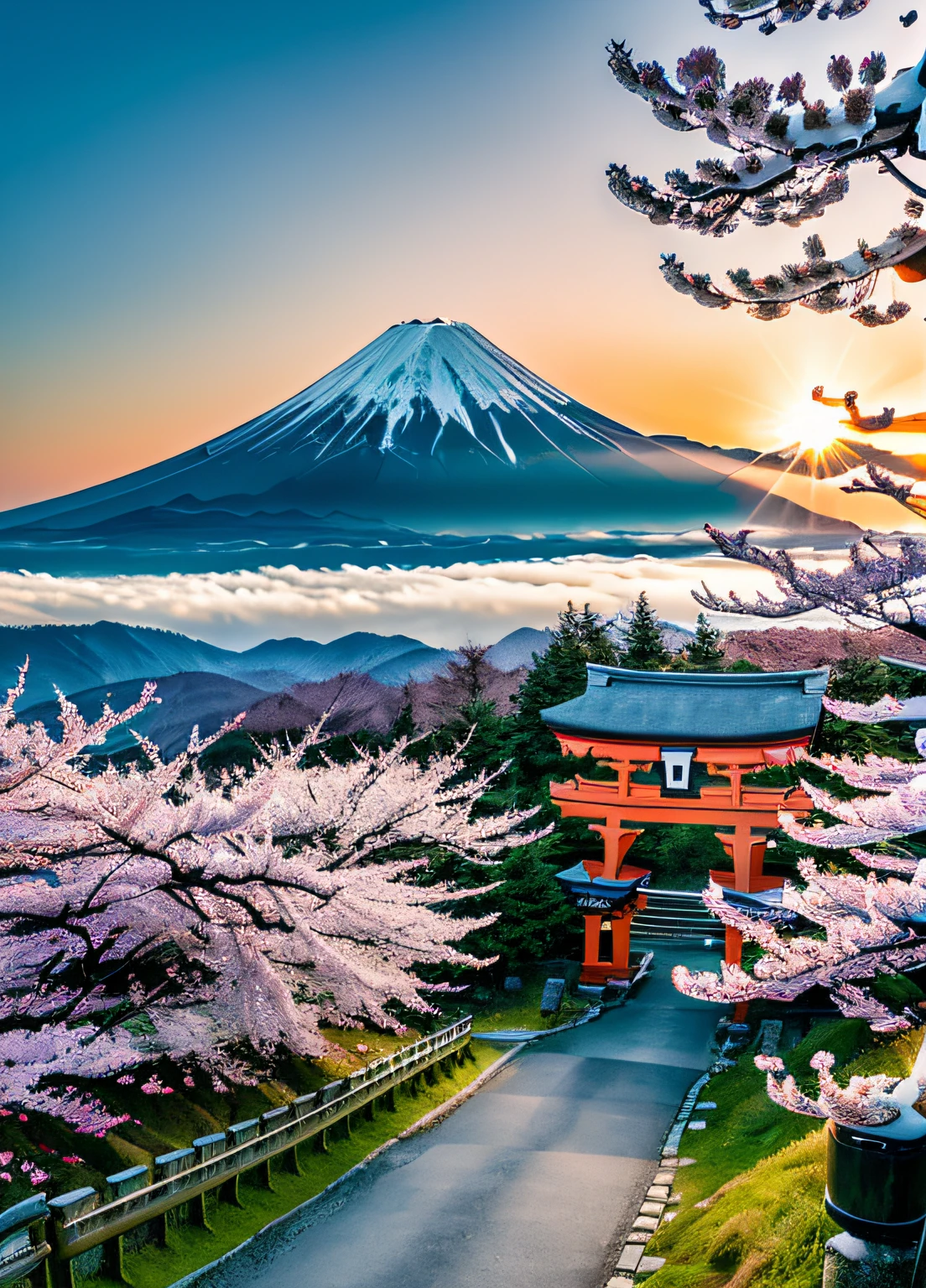 RAW photo of a Red Mt.fuji, ((solo)), (Fushimi Inari Taisha's Thousand Torii Gates in Kyoto), small details, (photorealistic:1.4), ultra-realistic photo, 8k uhd, dslr, high quality, film grain, Fujifilm XT3, (masterpiece),   official art, RAW photo of a landscape, insanely detailed, hyper realistic, (photorealistic:1.4), ultra-realistic photo, 8k uhd, dslr, high quality, film grain, Fujifilm XT3, (masterpiece), Mt.fuji, (solo:1.5), (sun atop the summit:1.1), (snow-capped mountain:1.4), lush green mountain slope, clouds billowing over the mountain slopes, (a lot of cherry blossom:1.4), deep forests, several lakes, (mist drifting over the lake:1.2), midday, milky way, twinkling stars, Deep Focus,