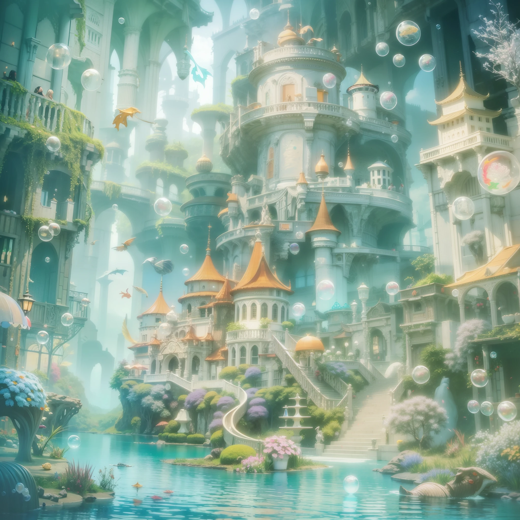 The bottom of the sea is full of light、This scene is a symbol of the country ruled by the mermaid queen「Dragon Palace」castle town。water bubbles、Shimmering Heaven、In the sea、ultra res、A masterpiece among masterpieces、watercolour、Pale colors、Marine Snow、