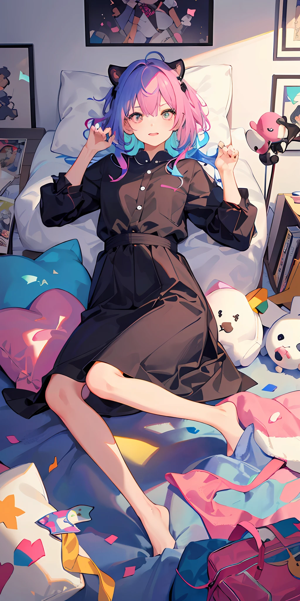 ((tmasterpiece,best qualtiy)),(1girll),美丽细致的眼睛,vibrant with colors,vibrant with colors,messy rooms,plushies,toys,pillow head,blankets,cushion,Posters are posted on the wall,