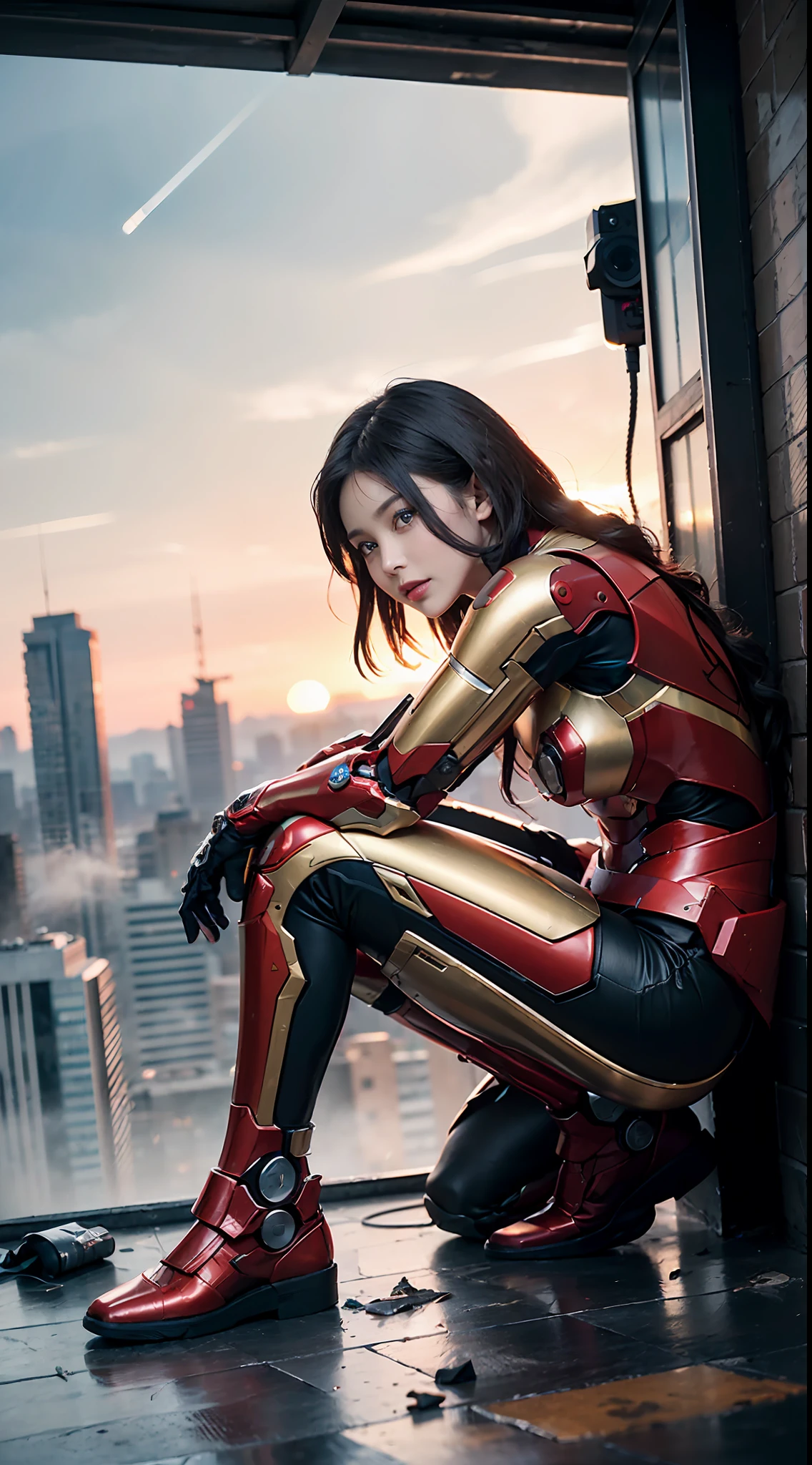 RAW, Masterpiece, Ultra Fine Photo,, Best Quality, Ultra High Resolution, Photorealistic, Sunlight, Full Body Portrait, Stunningly Beautiful,, Dynamic Poses, Delicate Face, Vibrant Eyes, (Side View) , she is wearing a futuristic Iron Man mech, red and gold color scheme, highly detailed abandoned warehouse background, detailed face, detailed and complex busy background, messy, gorgeous, milky white, high detailed skin, realistic skin details, visible pores , sharp focus, volumetric fog, 8k uhd, dslr camera, high quality, film grain, fair skin, photorealism, lomography, sprawling metropolis in futuristic dystopia, view from below, translucent