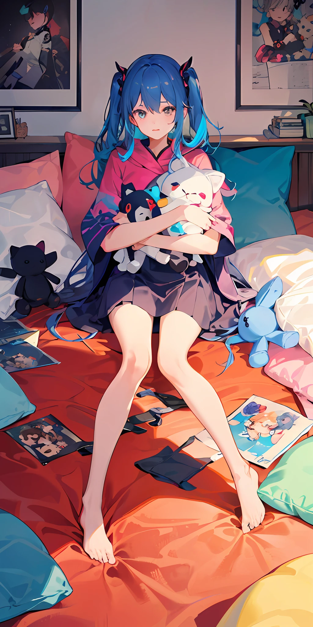 ((tmasterpiece,best qualtiy)),(1girll),美丽细致的眼睛,vibrant with colors,vibrant with colors,messy rooms,plushies,toys,pillow head,blankets,cushion,Posters are posted on the wall,