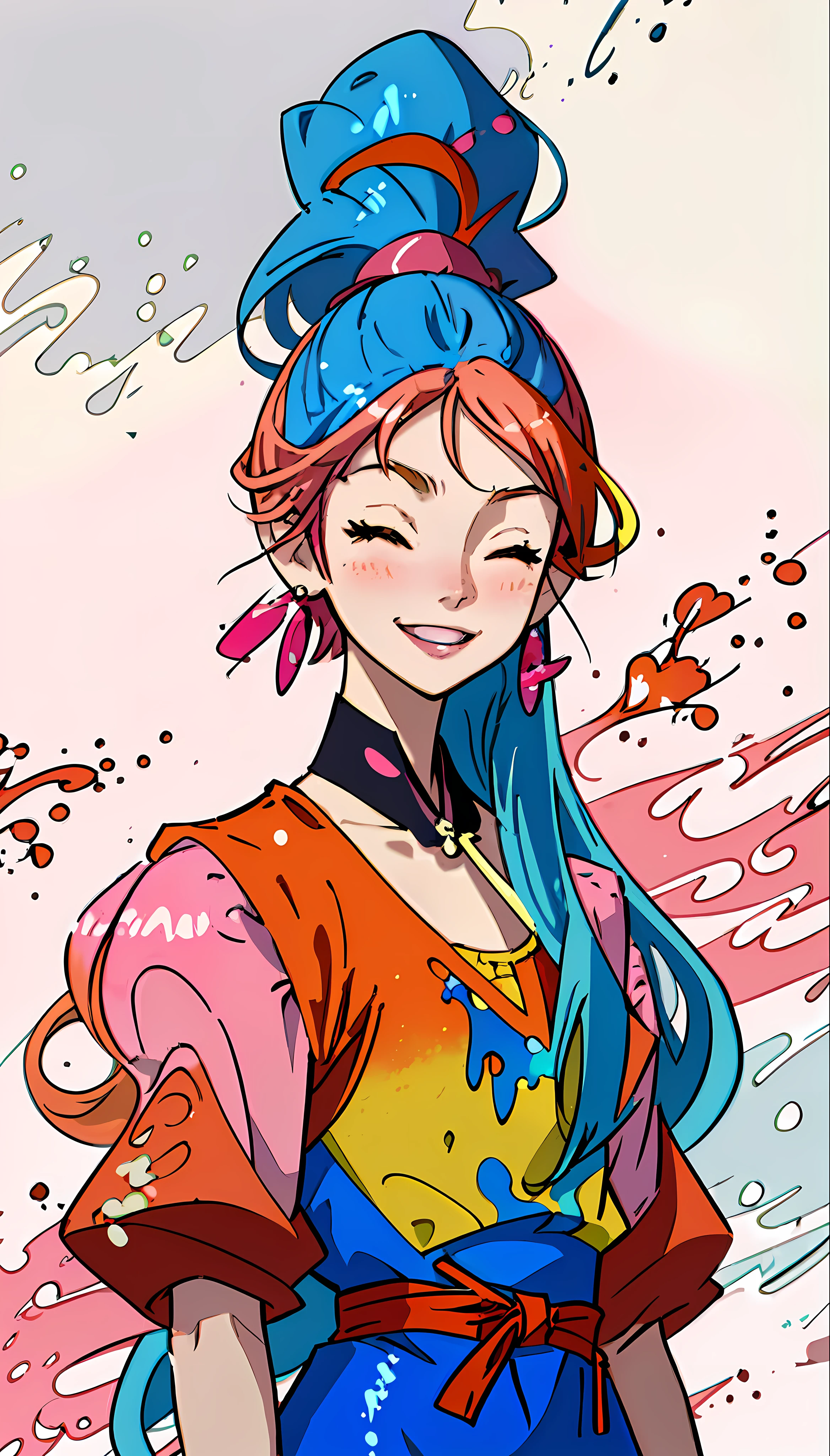 an anime drawing of a woman with long blue hair with orange and pink splatters over her swimsuit, 1girl, solo, long hair, closed eyes, jewelry, earrings, blush, multicolored hair, bare shoulders, blonde hair, very long hair, red dress, smile