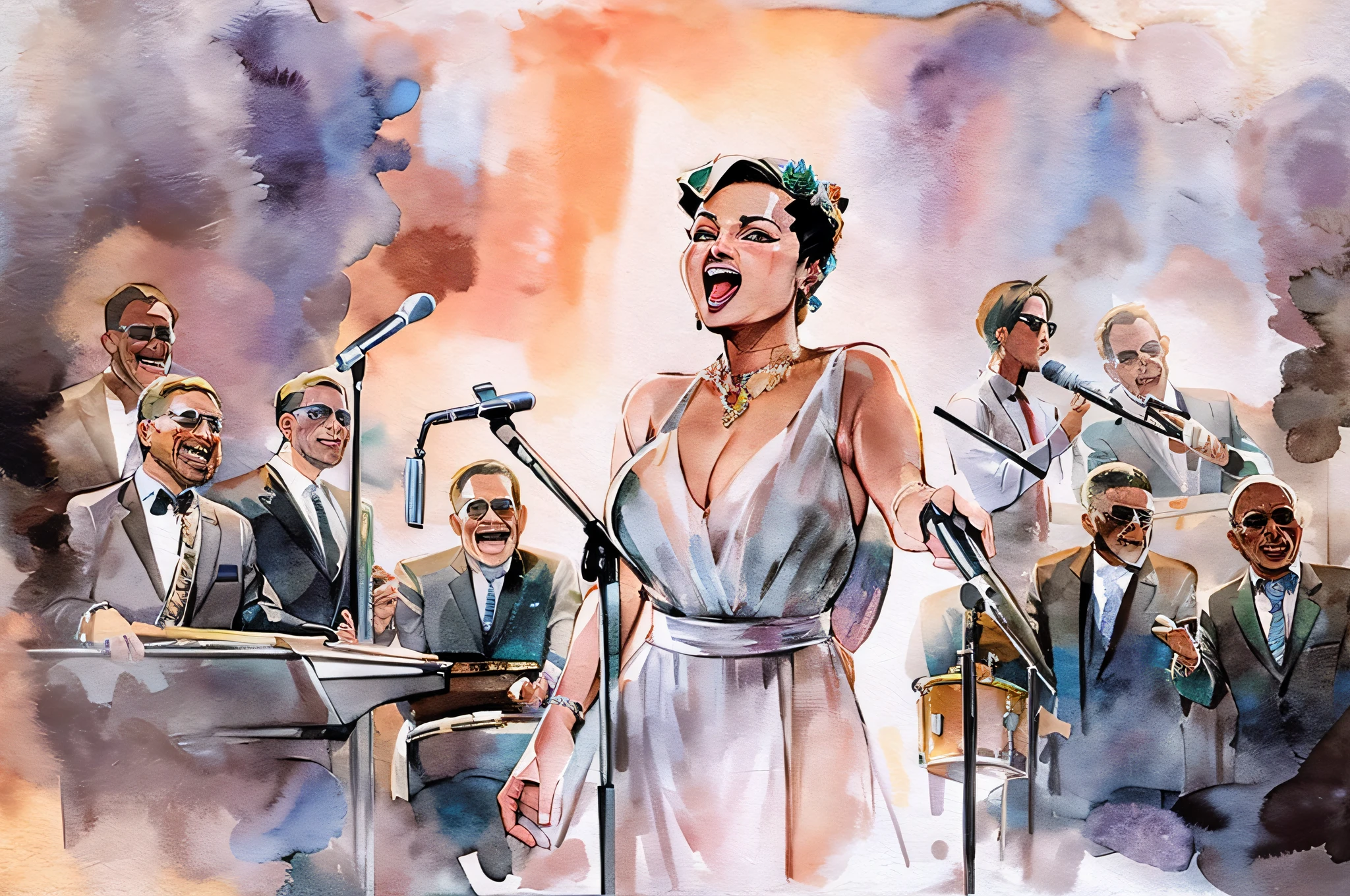 Billie Holiday singing in jazz club with her Jazz band, SCG768-illustrate, Waterbrush Stroke, watercolor,