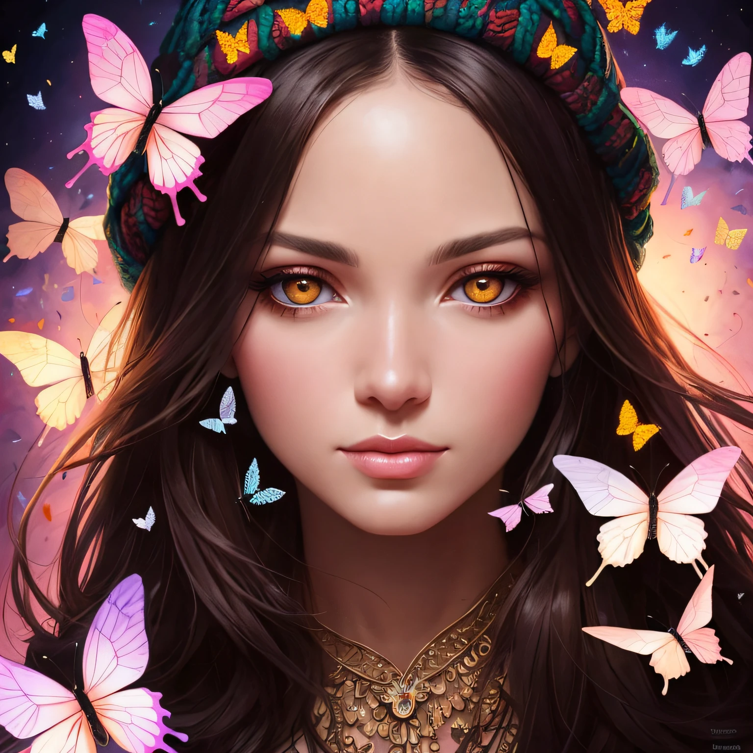 [Retrato de beleza chamuscado] com um toque de (iluminado+compassivo+Empathetic+confiante+Single woman made of butterflies and flower petals:1.2), [Artgerm:1.2] e [Pedro Mohrbacher:1.1] .) --auto