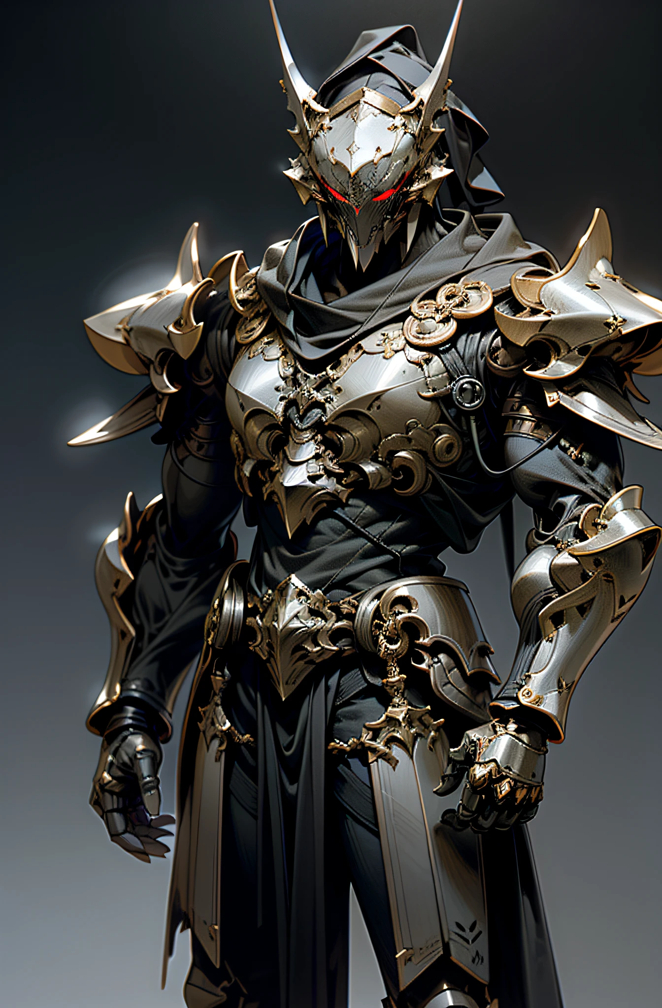 (masterpiece), best quality, ultra-detailed CG unity 8k wallpaper, standing, high resolution, (1boy:1.1), knight, dark armor, mask, red eyes, dramatic lighting, dark atmosphere, Dark_Fantasy