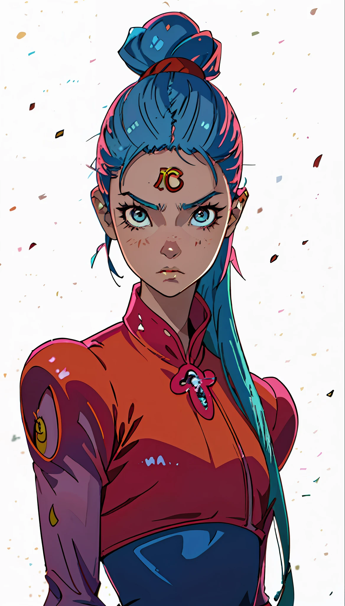 an anime cartoon of a woman with long blue hair with orange and pink splashes over her swimsuit, 1girl, sozinho, cabelos longos, olhos fechados, jewelries, Brincos, corar, cabelos multicoloridos, bareshoulders, blonde hair, cabelos muito longos, vestido vermelho, sorrir