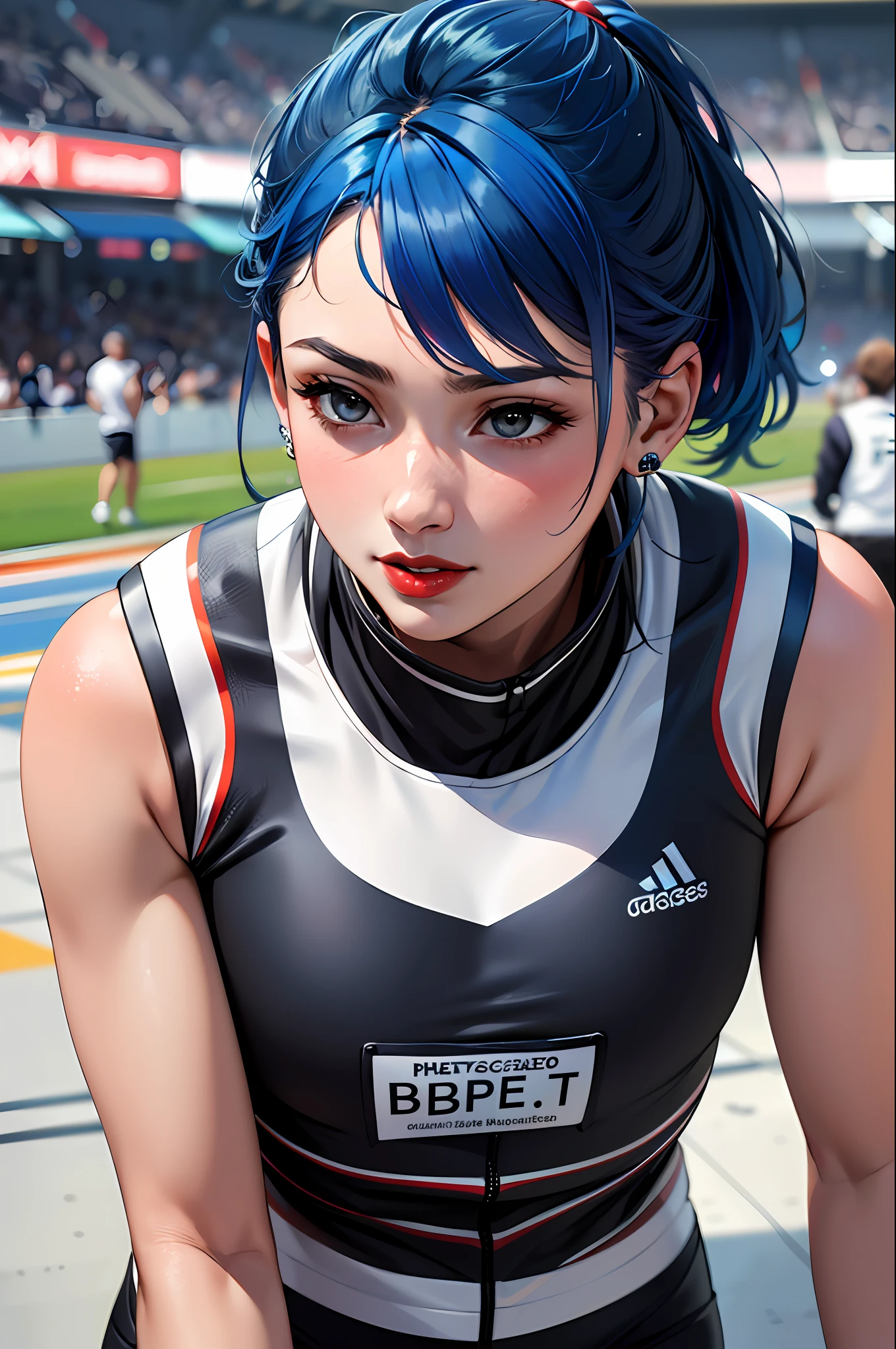 (​masterpiece:1.4)、(top-quality:1.4)、
1girl in, Bewitching Grid Girl, Blue hair, looking at the viewers, 独奏 ,realisitic,(shinny skin),(​masterpiece:1.4),(top-quality:1.4),red-lips,racing venue