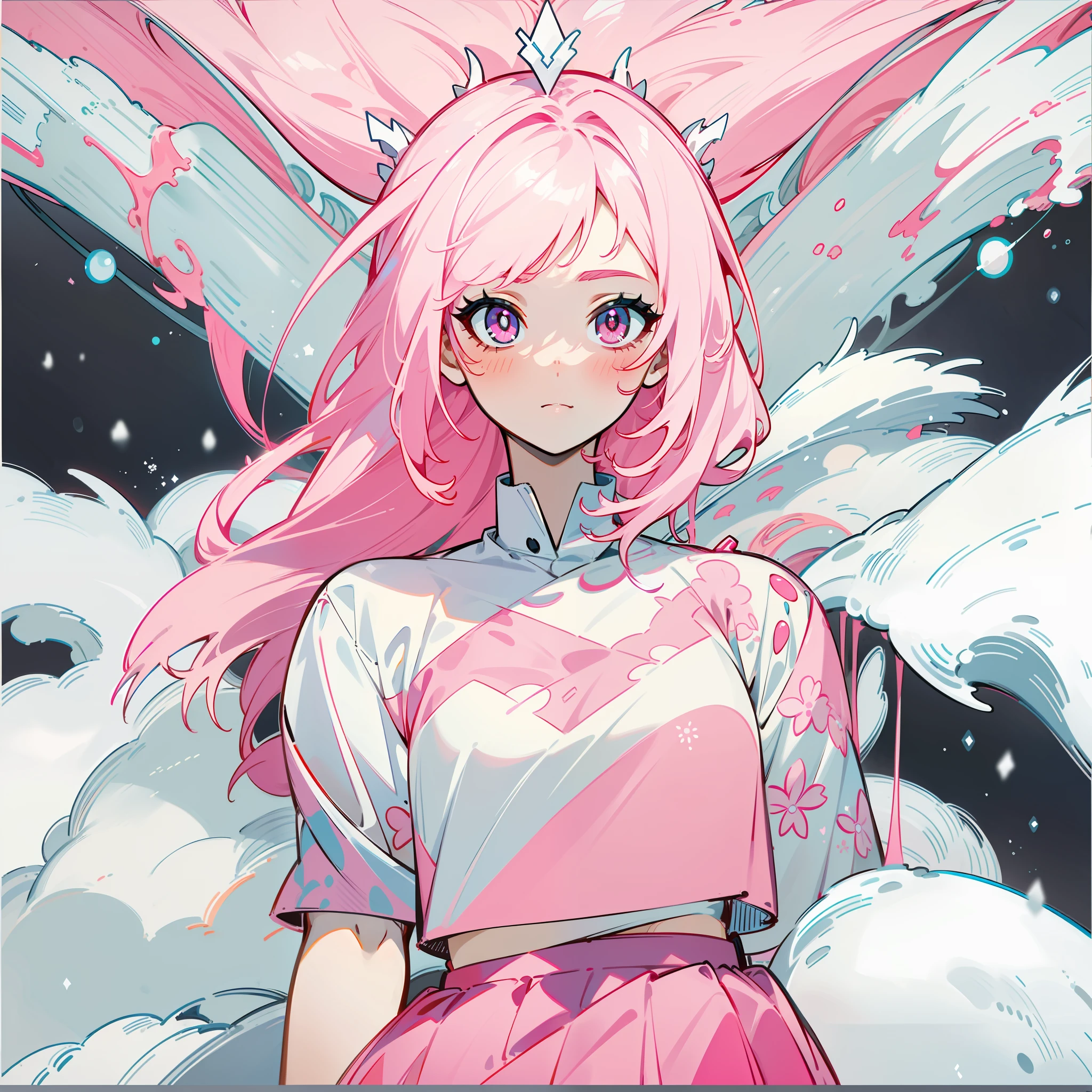 Best quality mode,The picture is fine,cute girly,White is the main color,Pink is a subtone,Pink hair,Pink pupils,Pink top,Pink moire skirt,Snow-white skin,half-body portrait,Extreme refinement