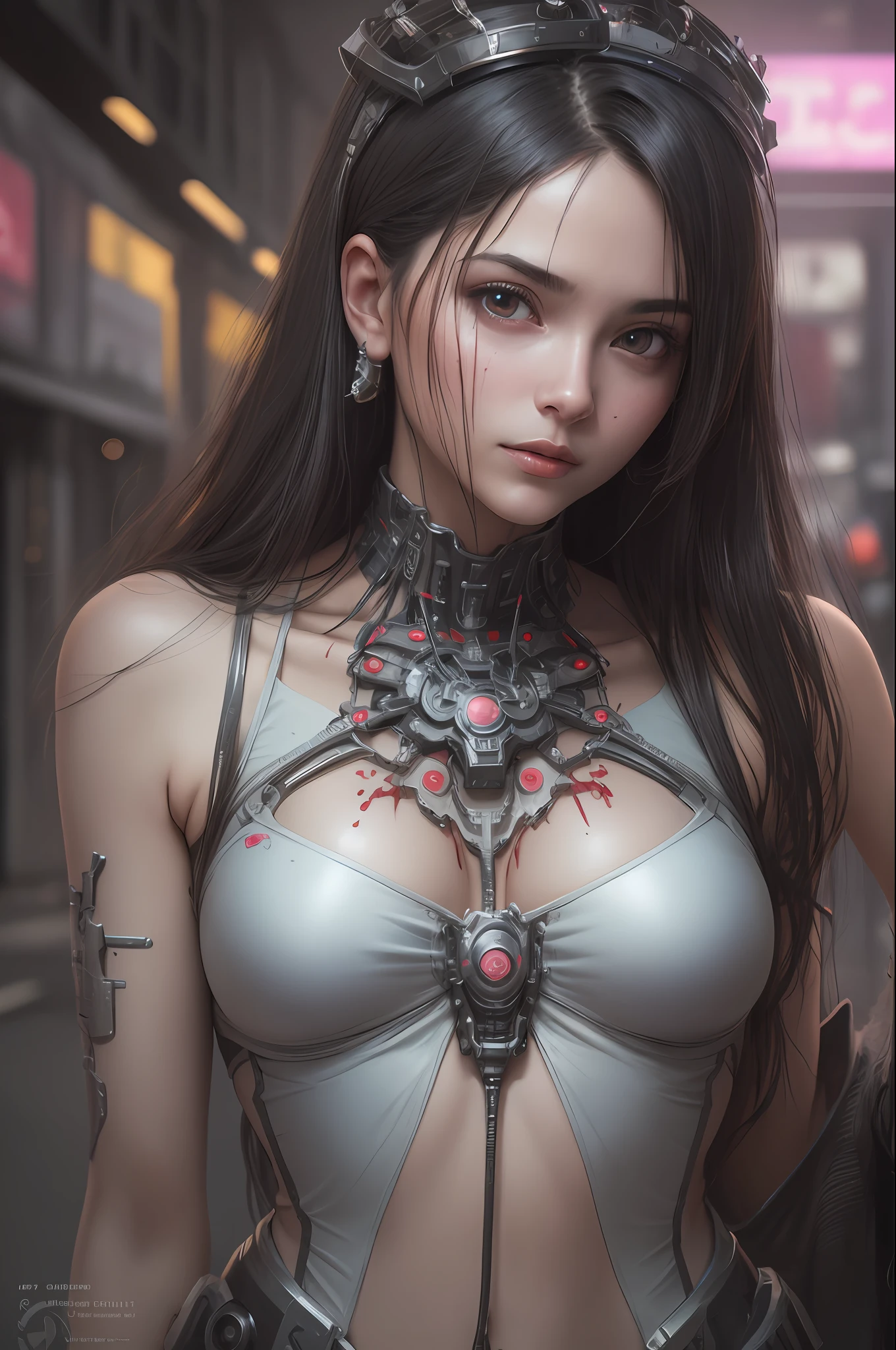 Top Quality, Masterpiece, Ultra High Resolution, (Photorealistic: 1.4), Raw Photo, 1 cyberpunk Girl, Black Hair, Glossy Skin, 1 Mechanical Girl, (Ultra Realistic Detail)), Full body, Global Illumination, Contrast, Shadows, Octane Rendering, 8K, Ultra Sharp, Cleavage Exposed, Raw Skin, Metal, Intricate Ornament Details, Japan Details, Very intricate details, realistic light, CGSoation trend, facing the camera, neon details, mechanical limbs, blood vessels connected to the tube, mechanical vertebrae attached to the back, mechanical cervical attachment to the neck, wires and cables connecting to the head, gundam, small LED lamps.