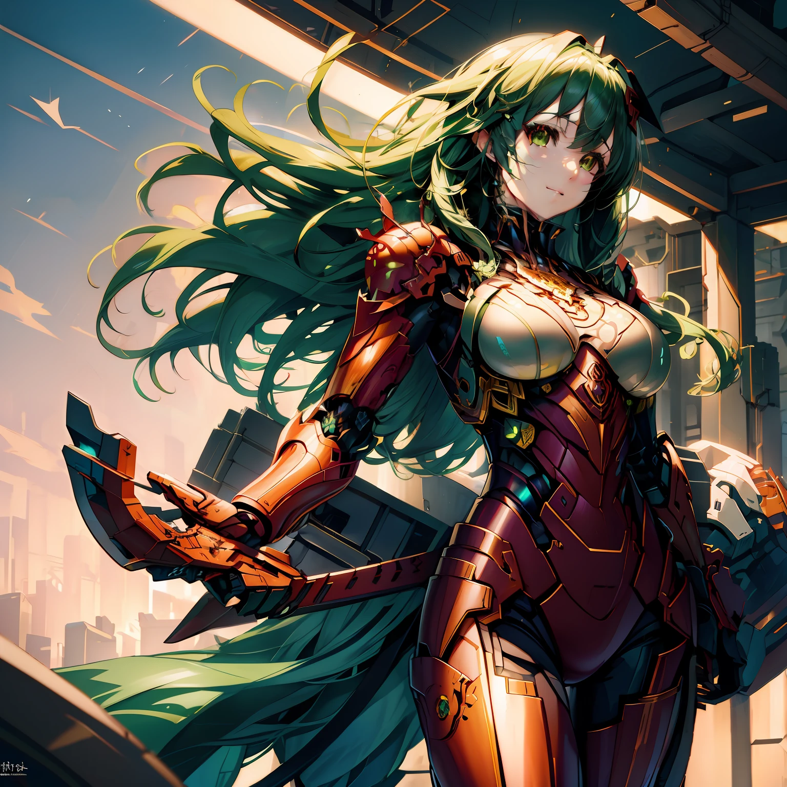 Anime girl with green hair and armor holding a sword, Extremely detailed Artgerm, portrait of a female anime hero, krenz cushart and artgerm, girl in mecha cyber armor, rogue anime girl, highly detailed exquisite fanart, expressing joy. by Krenz Cushart, by Krenz Cushart, Artgerm and Atey Ghailan