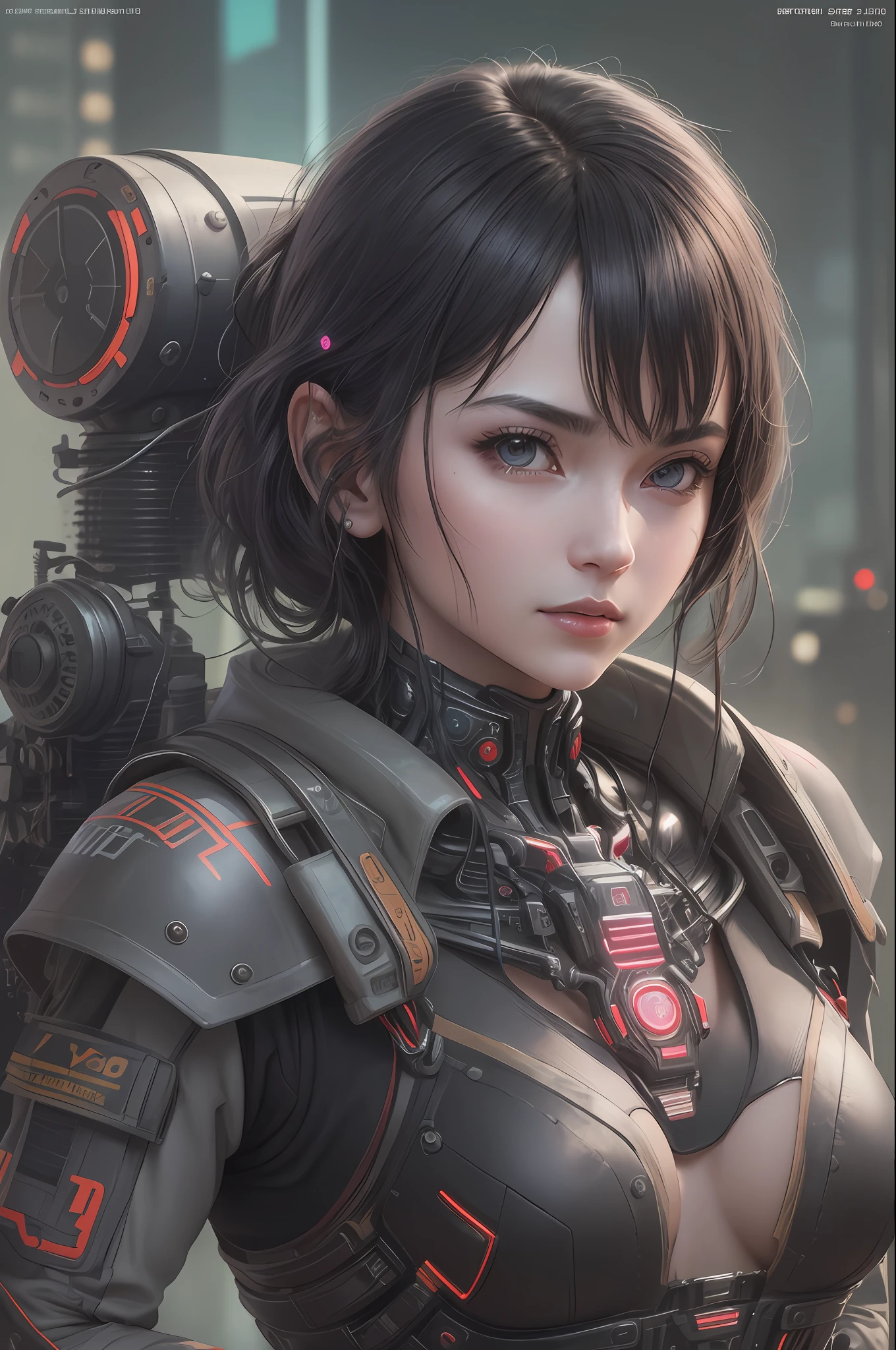 Top Quality, Masterpiece, Ultra High Resolution, (Photorealistic: 1.4), Raw Photo, 1 cyberpunk Girl, Black Hair, Glossy Skin, 1 Mechanical Girl, (Ultra Realistic Detail)), Full body, Global Illumination, Contrast, Shadows, Octane Rendering, 8K, Ultra Sharp, Cleavage Exposed, Raw Skin, Metal, Intricate Ornament Details, Japan Details, Very intricate details, realistic light, CGSoation trend, facing the camera, neon details, mechanical limbs, blood vessels connected to the tube, mechanical vertebrae attached to the back, mechanical cervical attachment to the neck, wires and cables connecting to the head, gundam, small LED lamps.